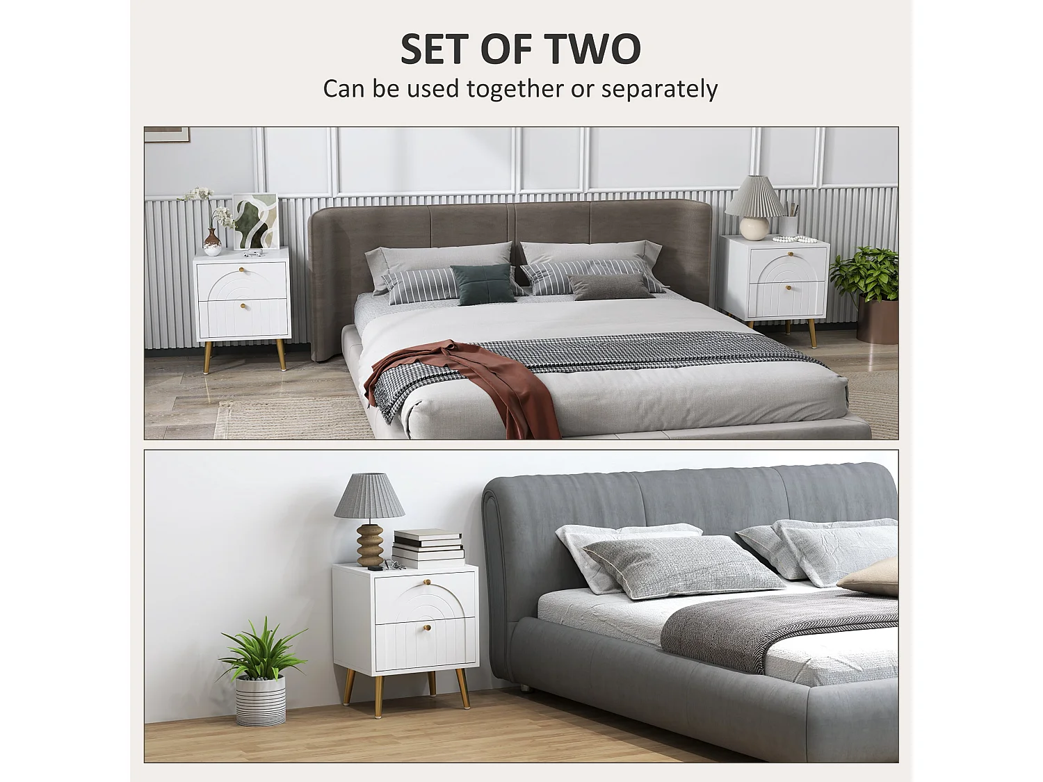 Leri Kama Set of 2 White Bedside Tables 2 Drawers Gold Handles