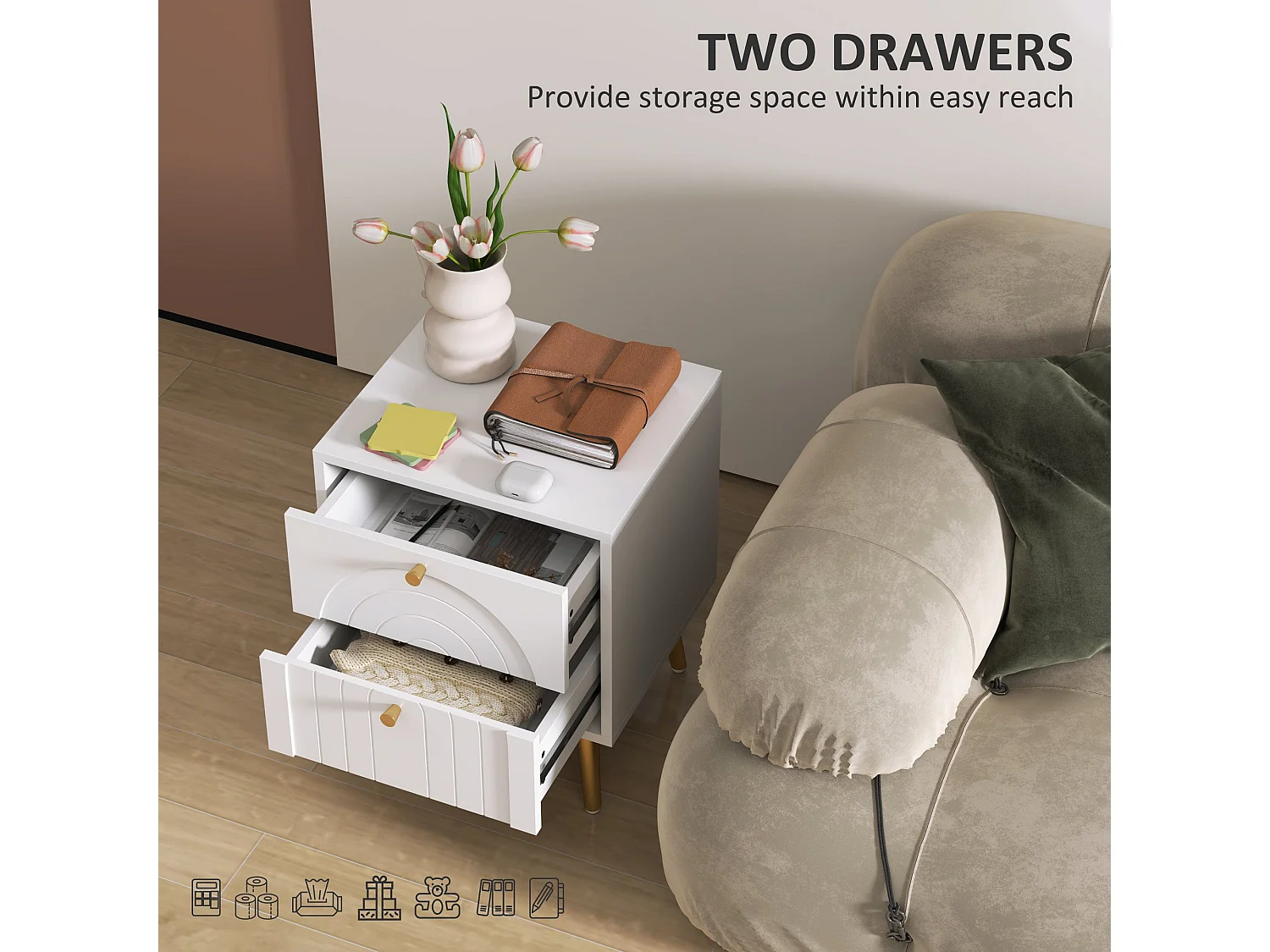 Leri Kama Set of 2 White Bedside Tables 2 Drawers Gold Handles
