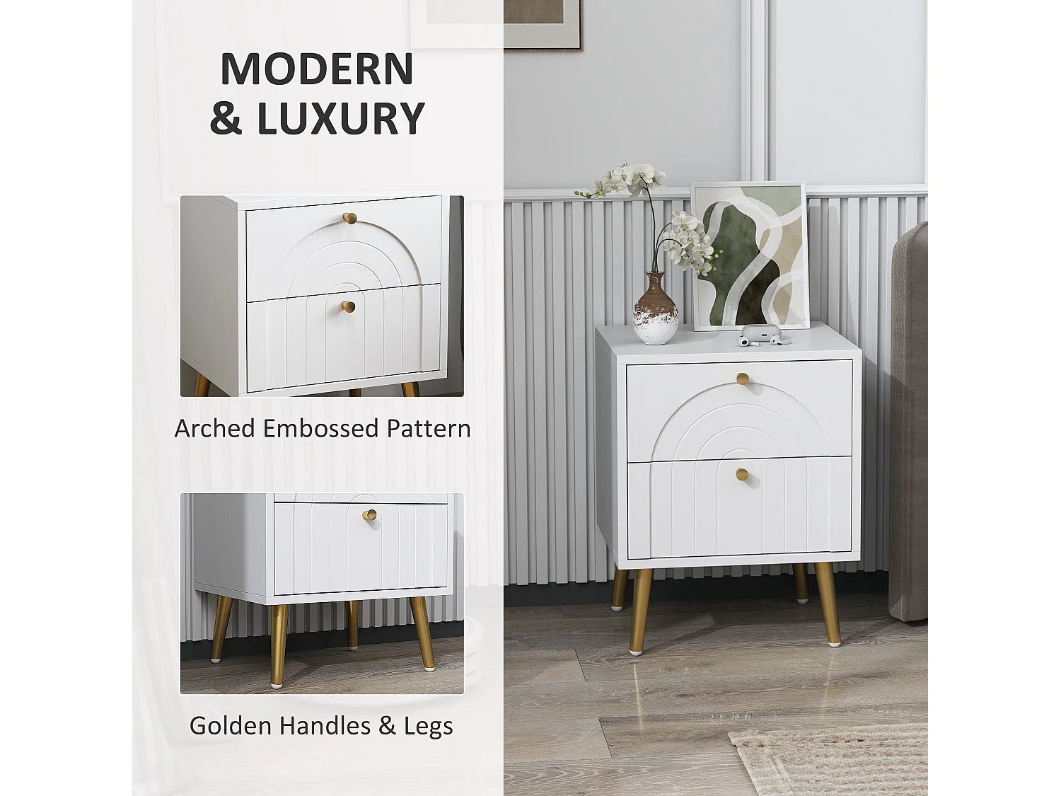 Leri Kama Set of 2 White Bedside Tables 2 Drawers Gold Handles