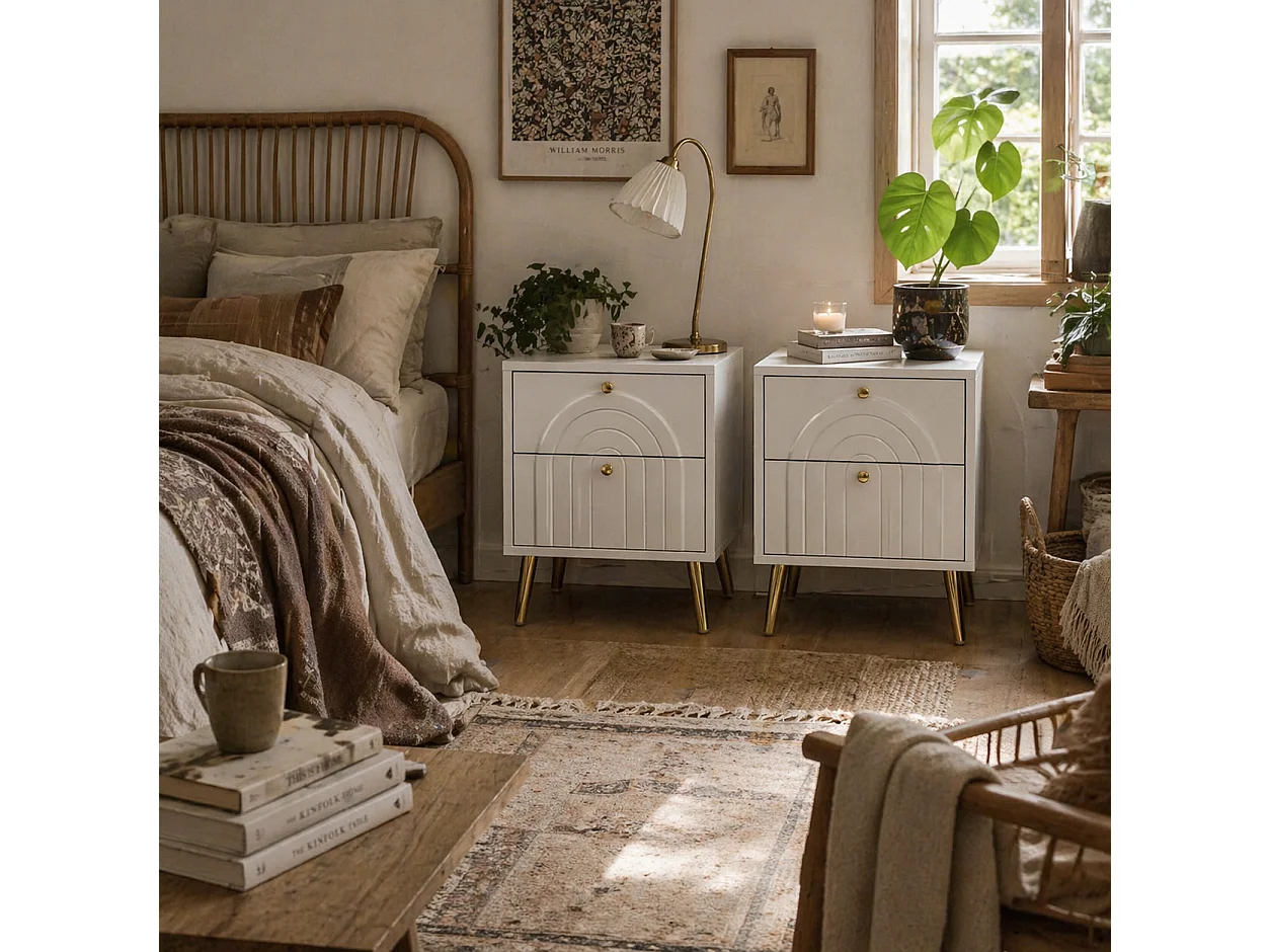 Leri Kama Set of 2 White Bedside Tables 2 Drawers Gold Handles