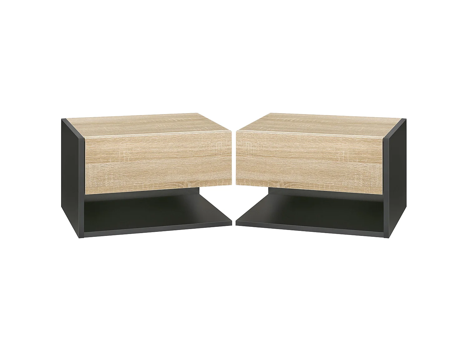 Sebato Set of 2 Oak Tone Floating Bedside Tables with Drawer and Shelf Wall Mounted 46 x 30 x 30cm