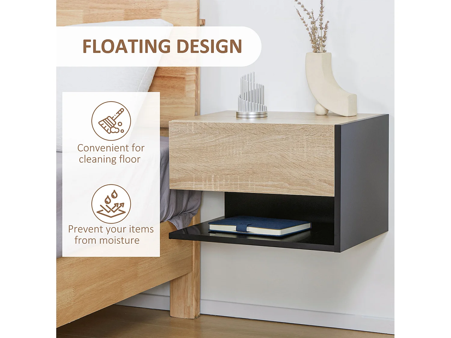 Sebato Set of 2 Oak Tone Floating Bedside Tables with Drawer and Shelf Wall Mounted 46 x 30 x 30cm