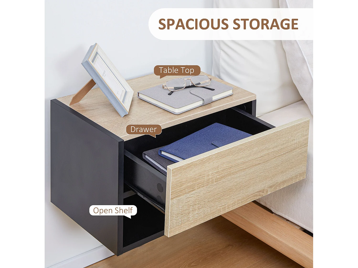 Sebato Set of 2 Oak Tone Floating Bedside Tables with Drawer and Shelf Wall Mounted 46 x 30 x 30cm