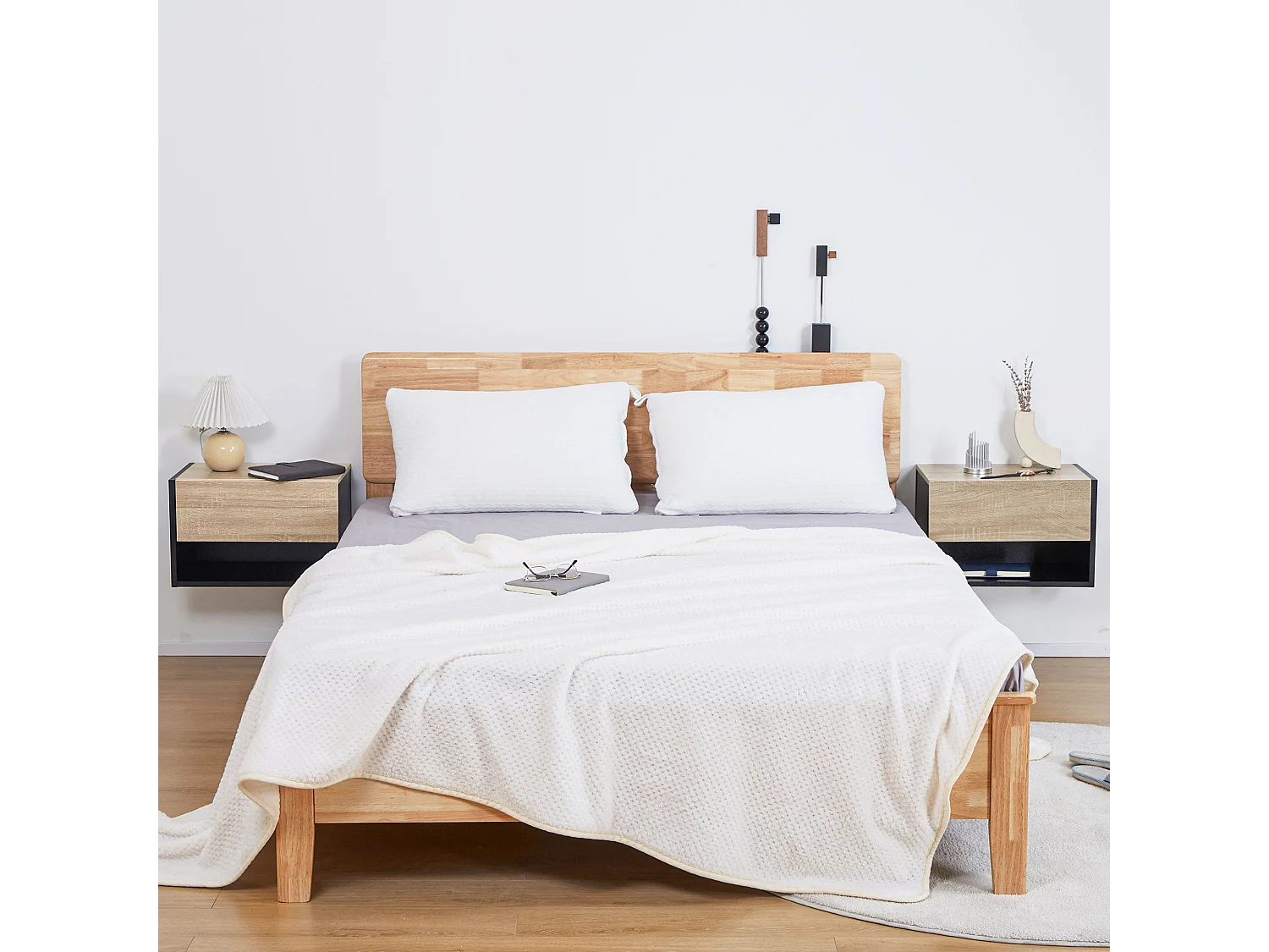 Sebato Set of 2 Oak Tone Floating Bedside Tables with Drawer and Shelf Wall Mounted 46 x 30 x 30cm