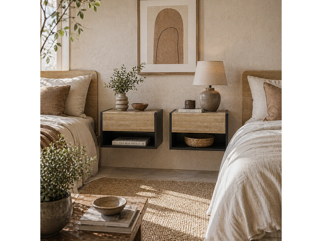 Sebato Set of 2 Oak Tone Floating Bedside Tables with Drawer and Shelf Wall Mounted 46 x 30 x 30cm