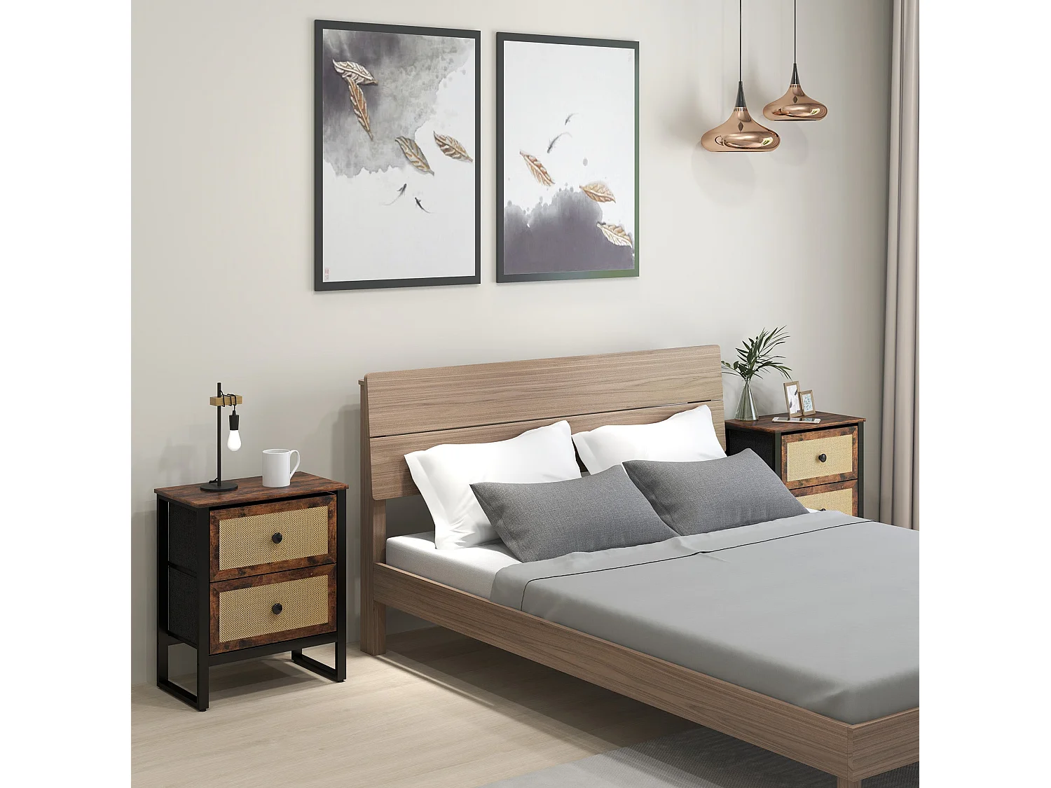 Lamilu Vesa Set of 2 Rustic Brown Bedside Tables Industrial Natural Style 2 Drawers
