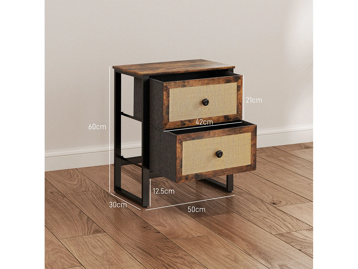 Lamilu Vesa Set of 2 Rustic Brown Bedside Tables Industrial Natural Style 2 Drawers