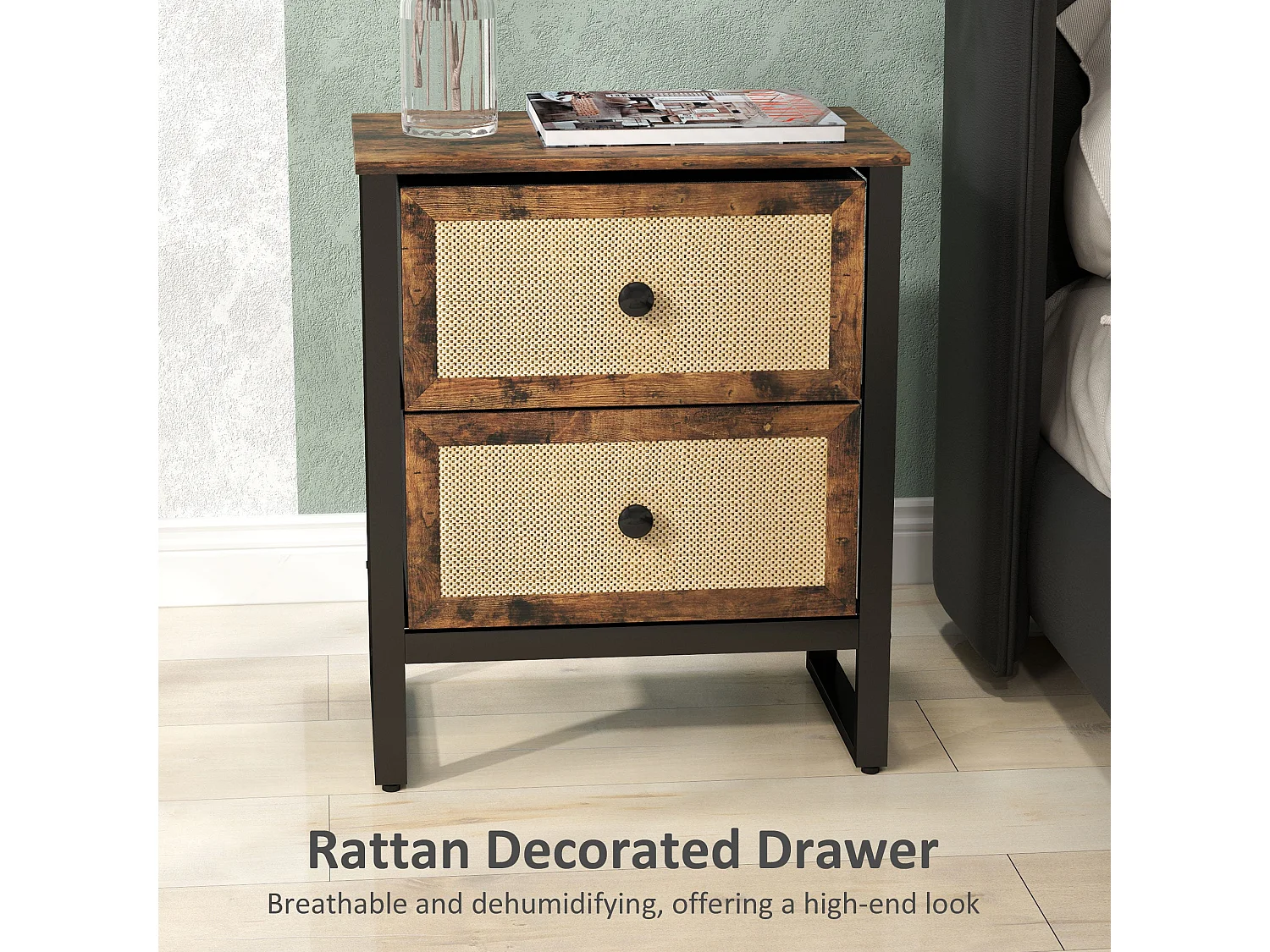 Lamilu Vesa Set of 2 Rustic Brown Bedside Tables Industrial Natural Style 2 Drawers