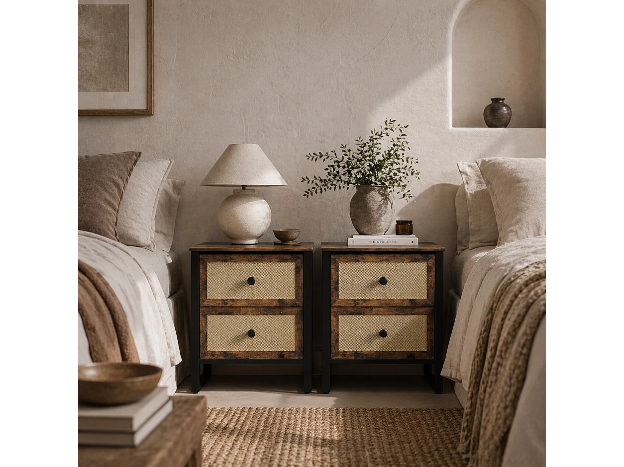 Lamilu Vesa Set of 2 Rustic Brown Bedside Tables Industrial Natural Style 2 Drawers