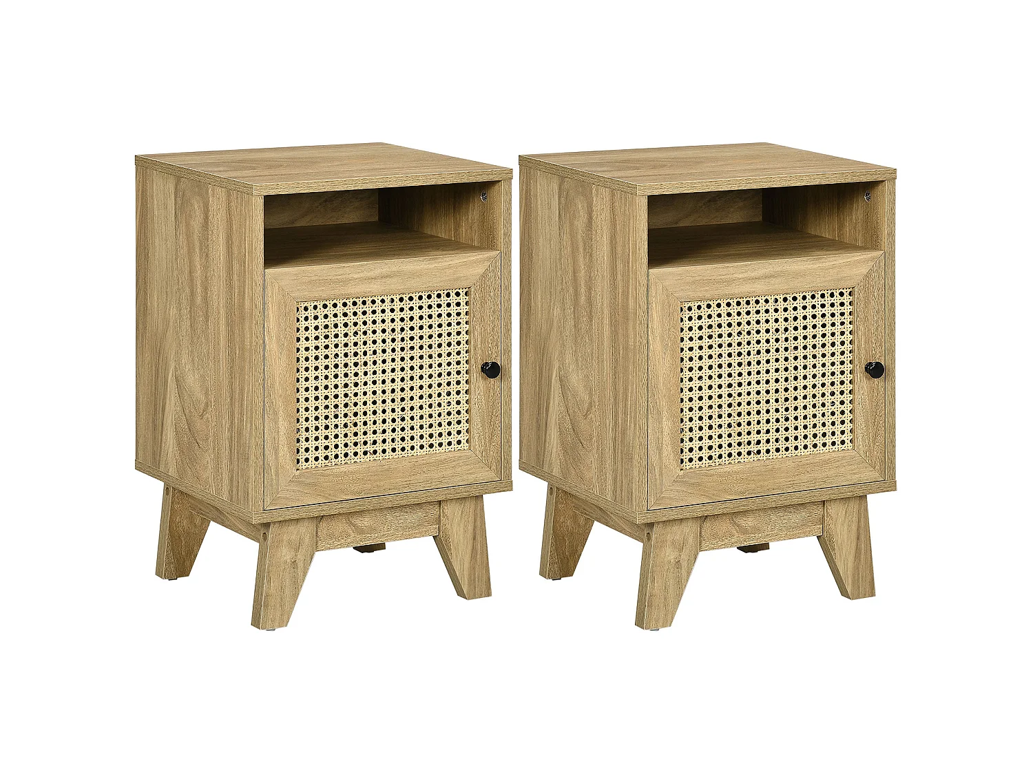 Hazi Set of 2 Natural Wood Effect Bedside Tables with Rattan Front Shelf and Cupboard