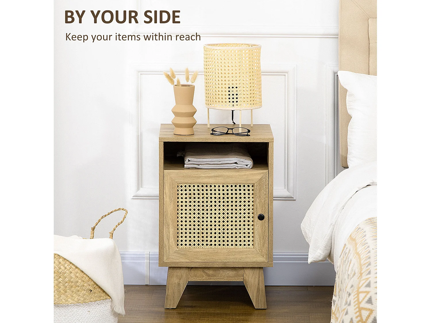 Hazi Set of 2 Natural Wood Effect Bedside Tables with Rattan Front Shelf and Cupboard