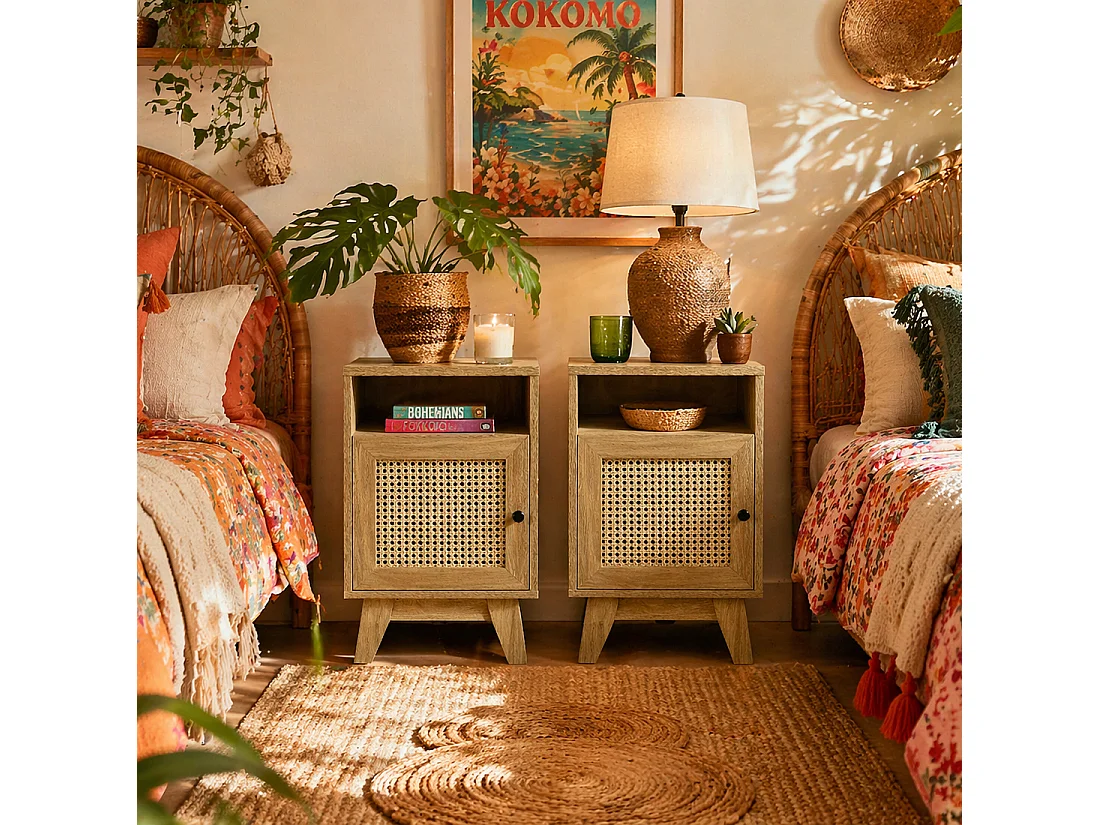 Hazi Set of 2 Natural Wood Effect Bedside Tables with Rattan Front Shelf and Cupboard