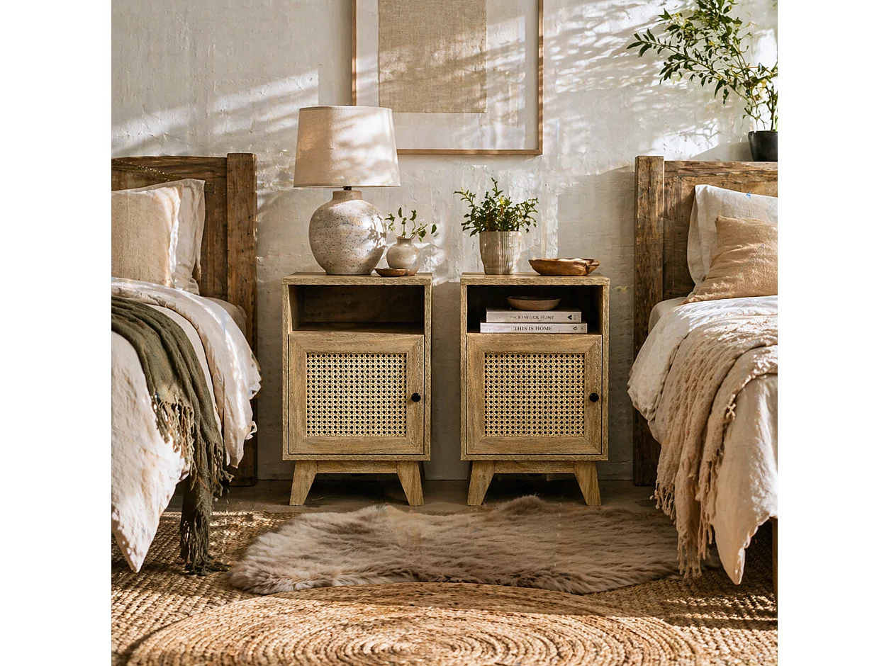 Hazi Set of 2 Natural Wood Effect Bedside Tables with Rattan Front Shelf and Cupboard
