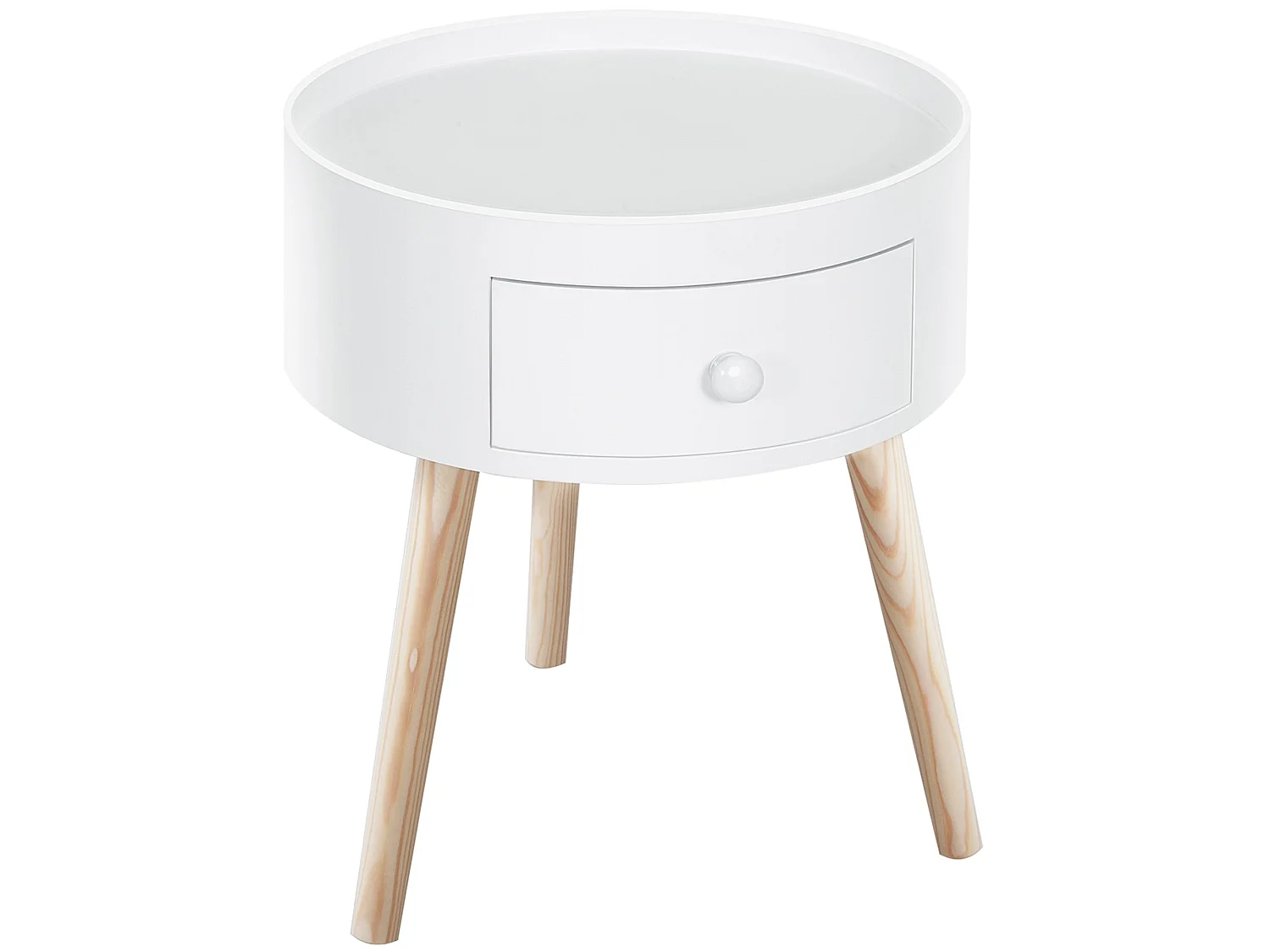 Taloso Round Bedside Table with Drawer White Top and Natural Wooden Legs