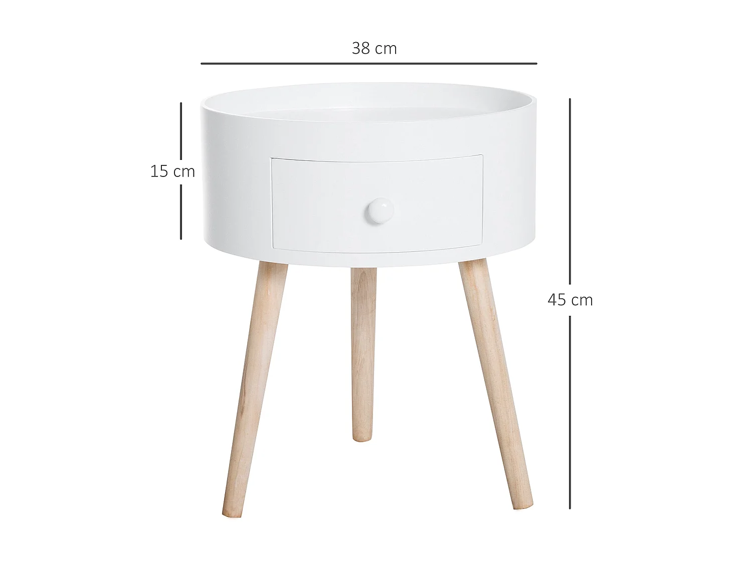 Taloso Round Bedside Table with Drawer White Top and Natural Wooden Legs