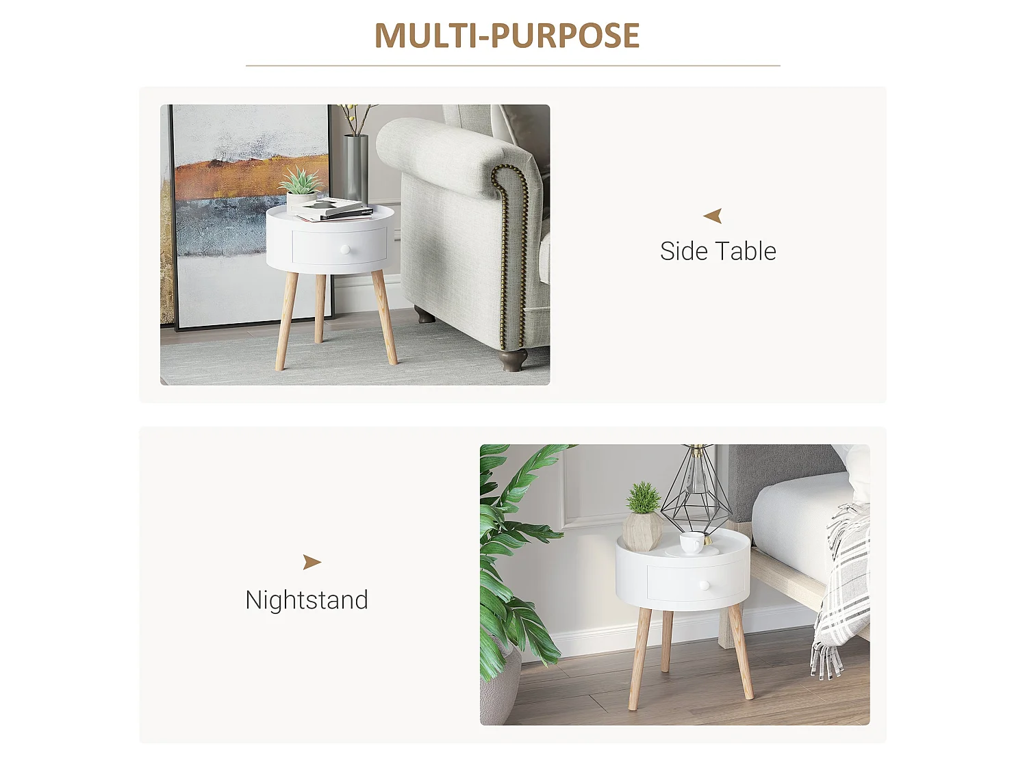 Taloso Round Bedside Table with Drawer White Top and Natural Wooden Legs