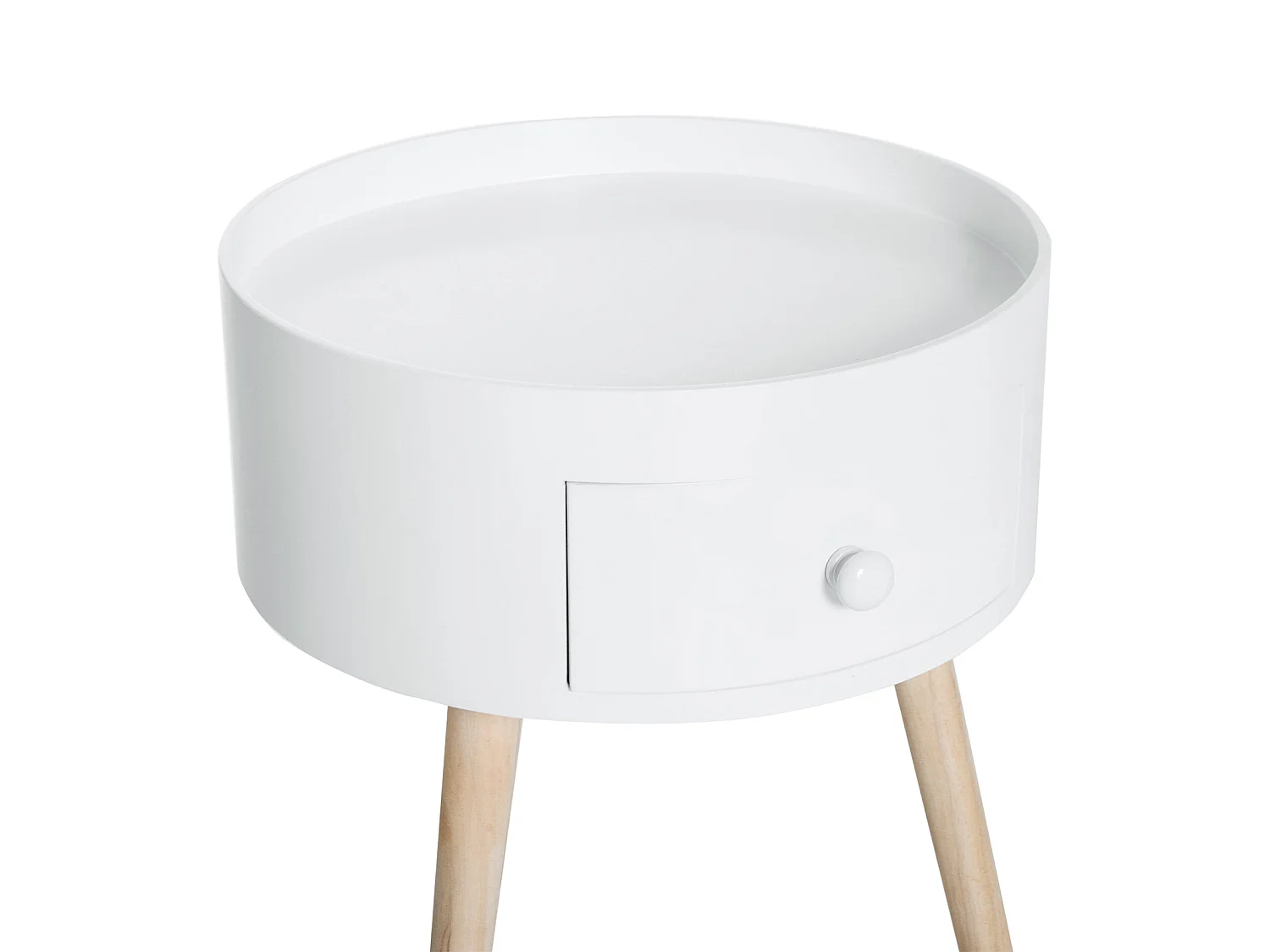 Taloso Round Bedside Table with Drawer White Top and Natural Wooden Legs