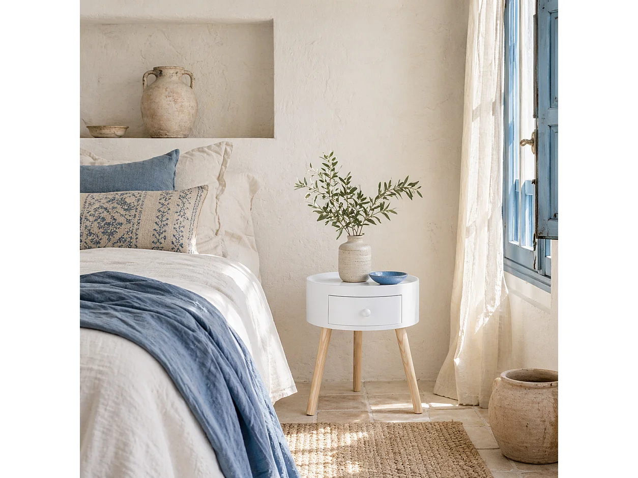 Taloso Round Bedside Table with Drawer White Top and Natural Wooden Legs