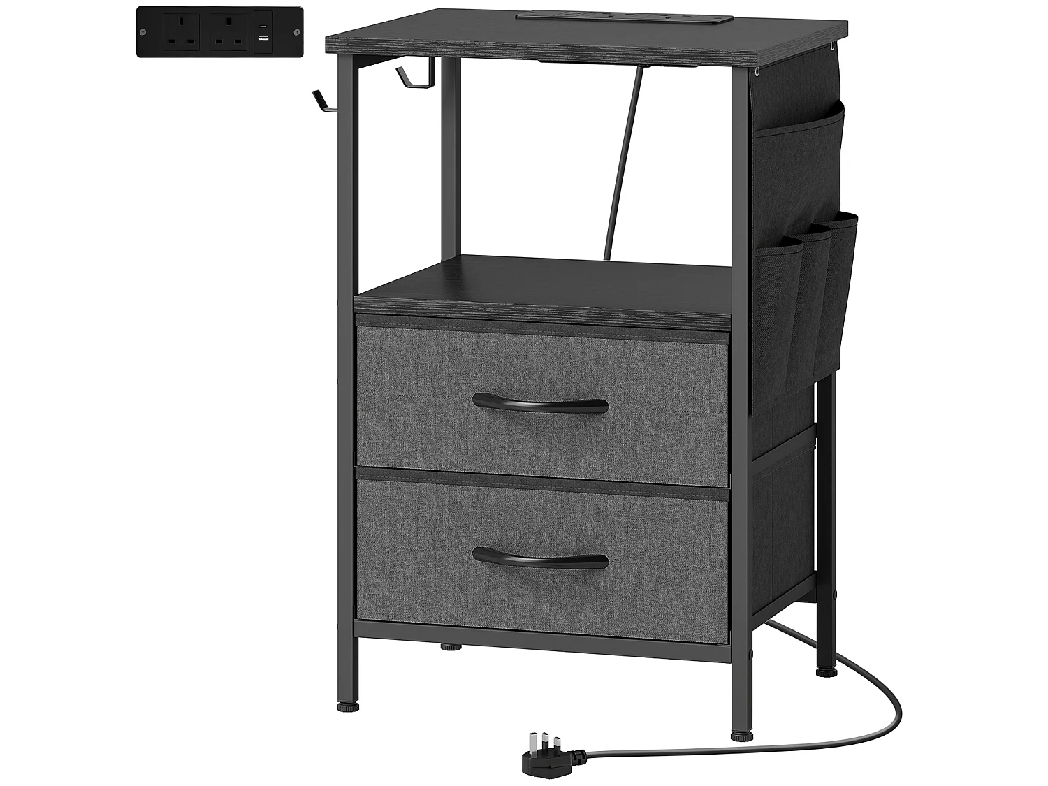 Pado Industrial Black Bedside Table with Charging Station Grey Fabric Fold Down Drawer