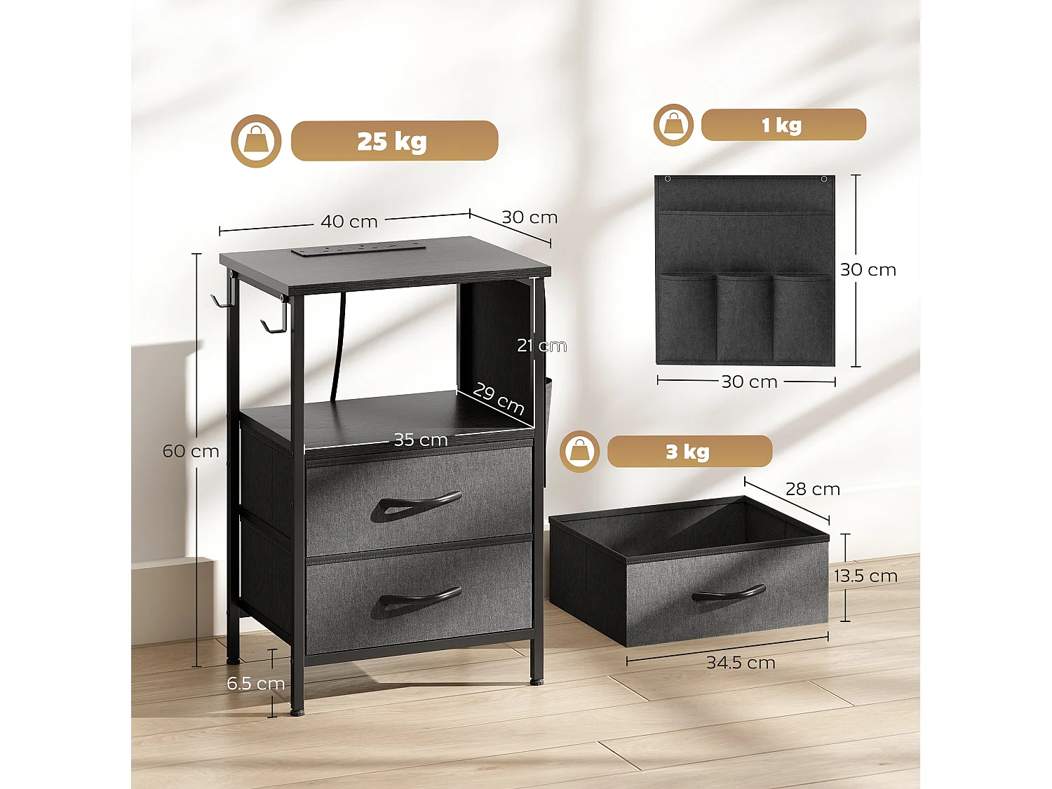 Pado Industrial Black Bedside Table with Charging Station Grey Fabric Fold Down Drawer