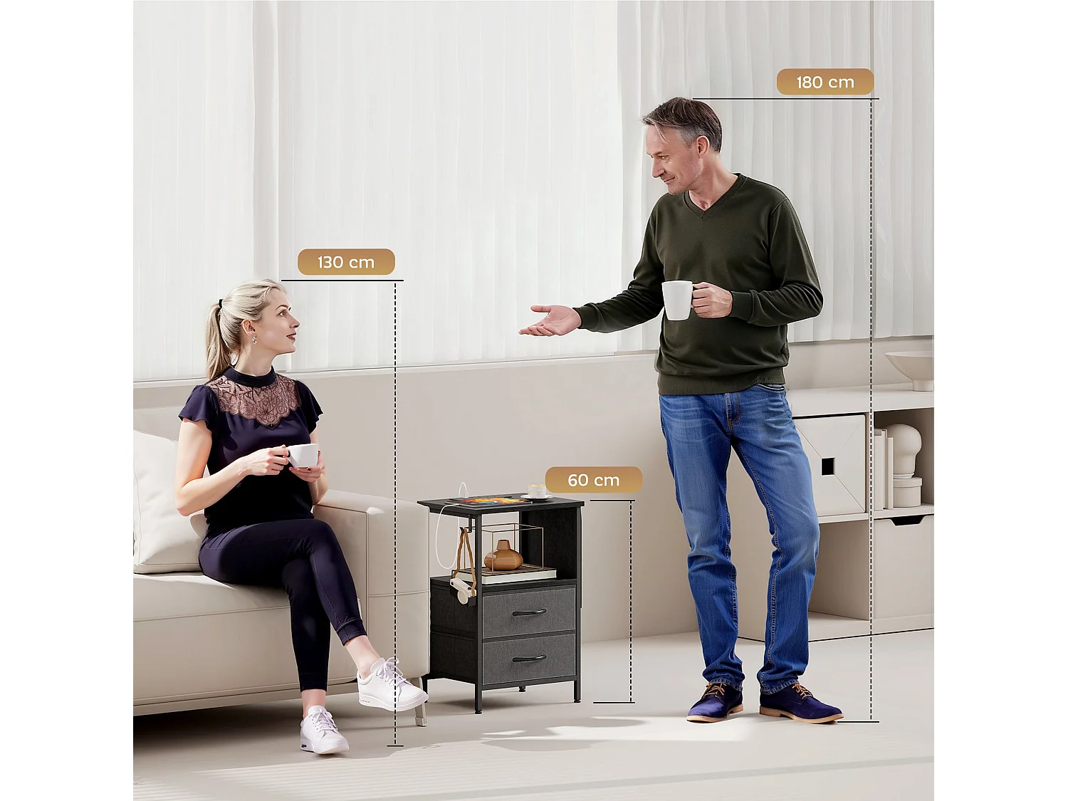 Pado Industrial Black Bedside Table with Charging Station Grey Fabric Fold Down Drawer