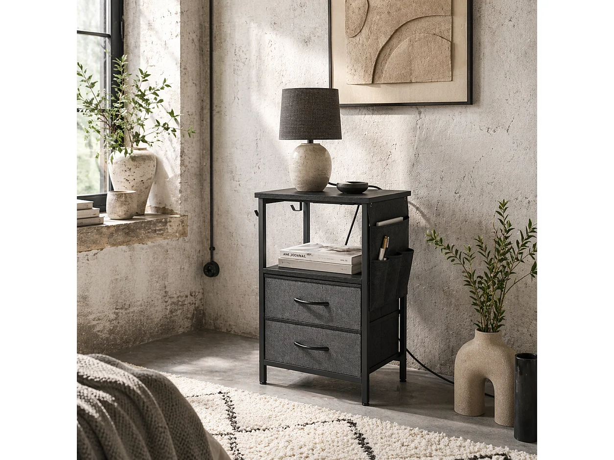 Pado Industrial Black Bedside Table with Charging Station Grey Fabric Fold Down Drawer