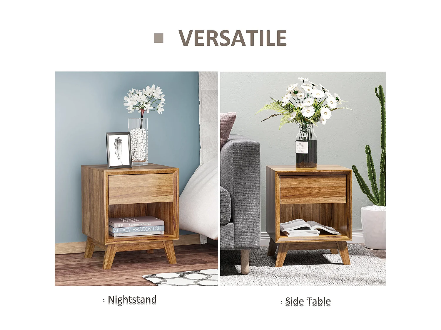 Novafa Walnut Brown Bedside Table 1 Drawer 1 Shelf 40x40x50cm