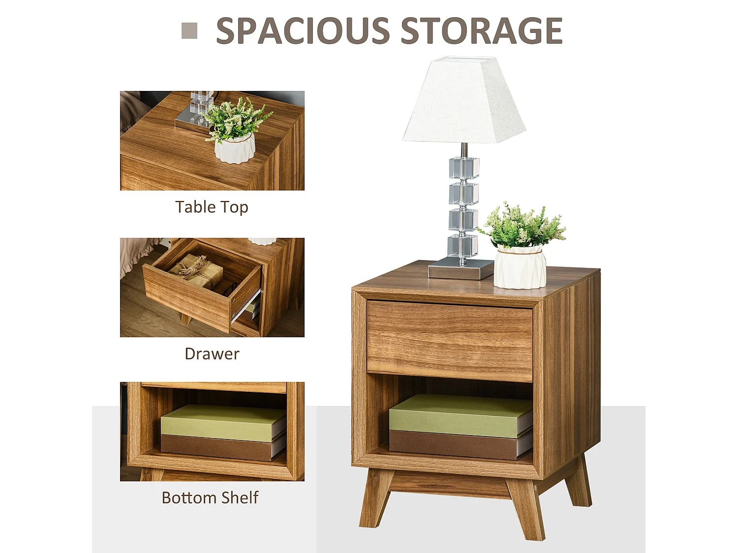 Novafa Walnut Brown Bedside Table 1 Drawer 1 Shelf 40x40x50cm