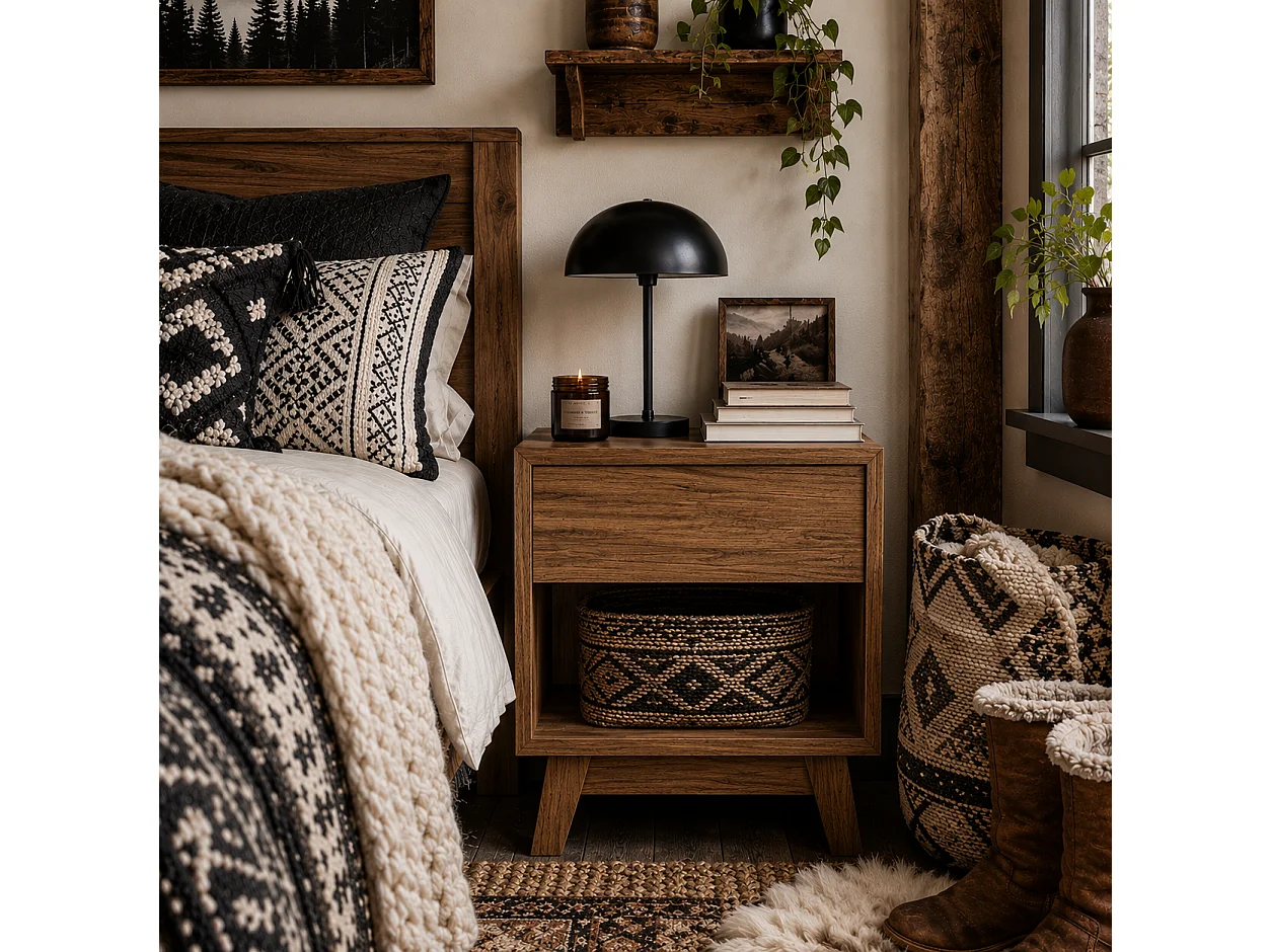 Novafa Walnut Brown Bedside Table 1 Drawer 1 Shelf 40x40x50cm