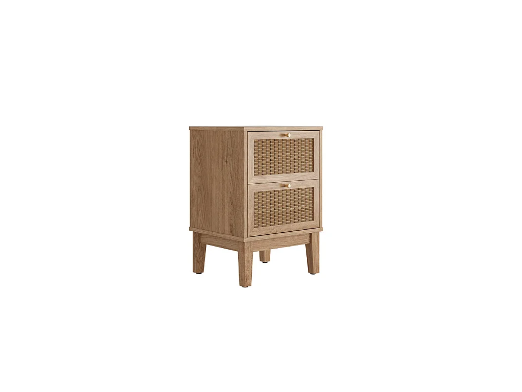 Waterford Oak and Woven Rattan Bedside Cabinet 2 Doors Gold Accents