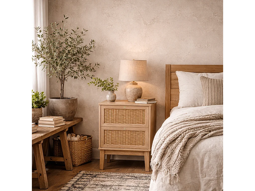 Waterford Oak and Woven Rattan Bedside Cabinet 2 Doors Gold Accents