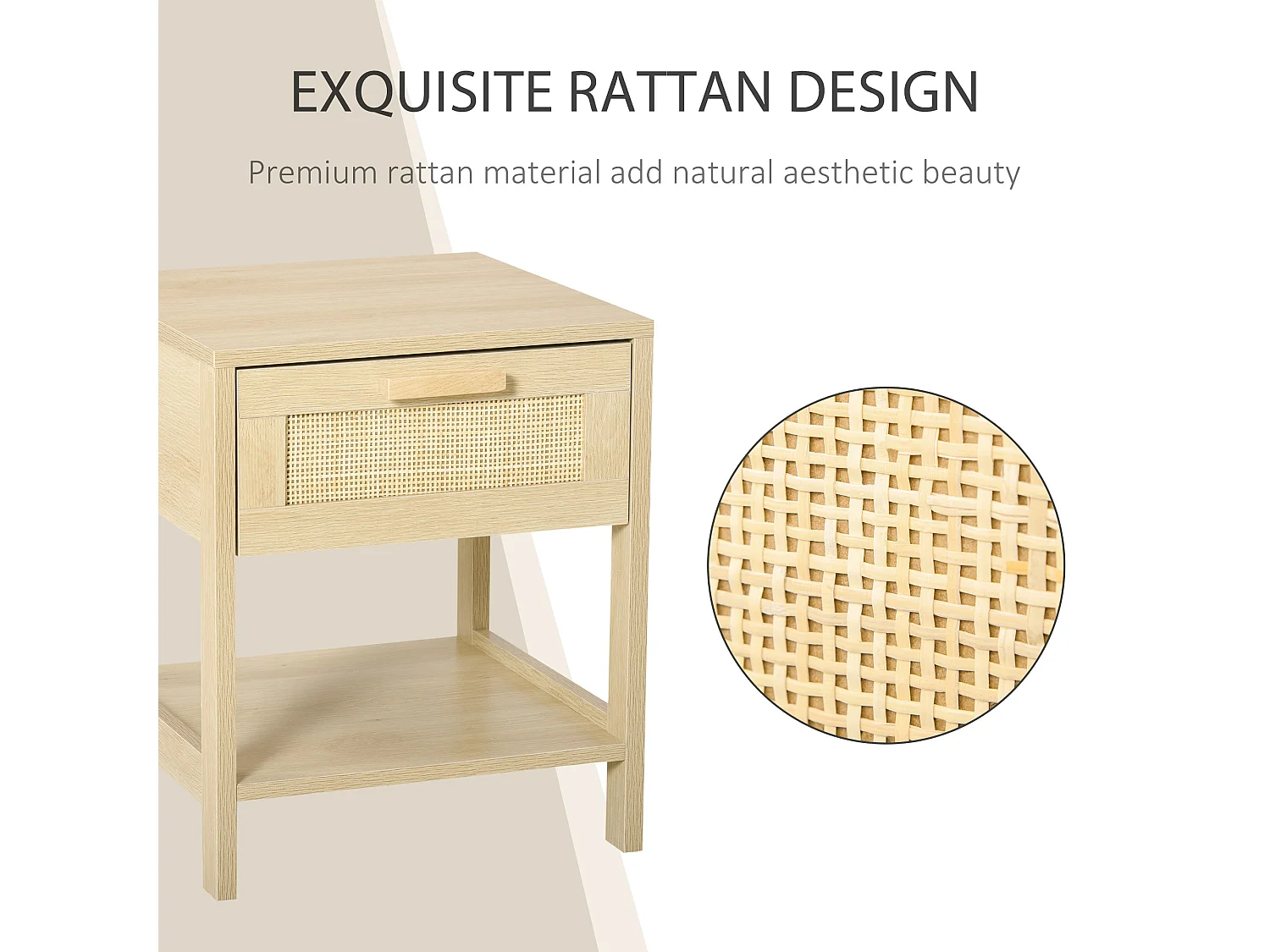 Tafa Natural Wood Bedside Table Rattan Style Drawer Open Shelf