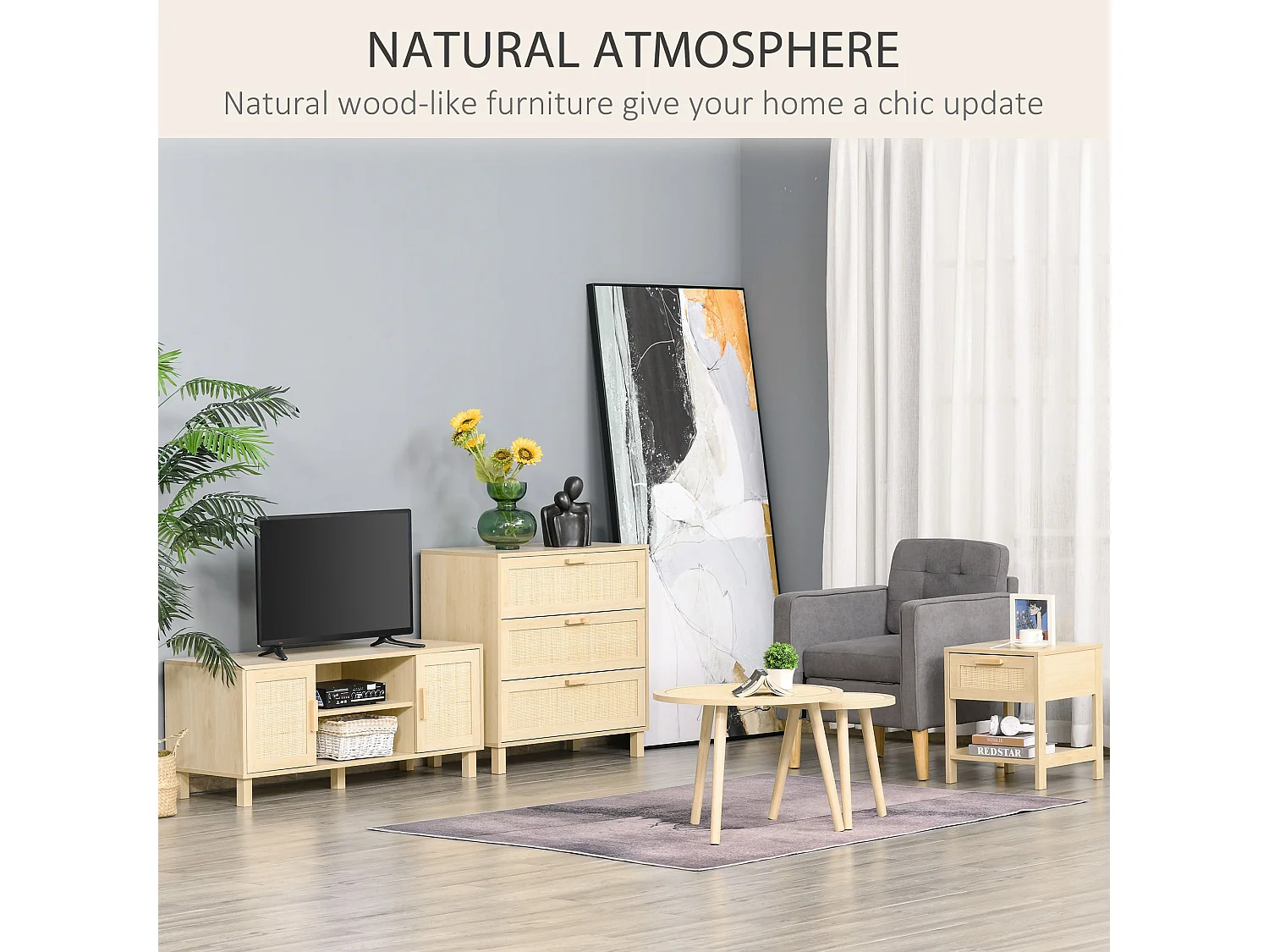 Tafa Natural Wood Bedside Table Rattan Style Drawer Open Shelf