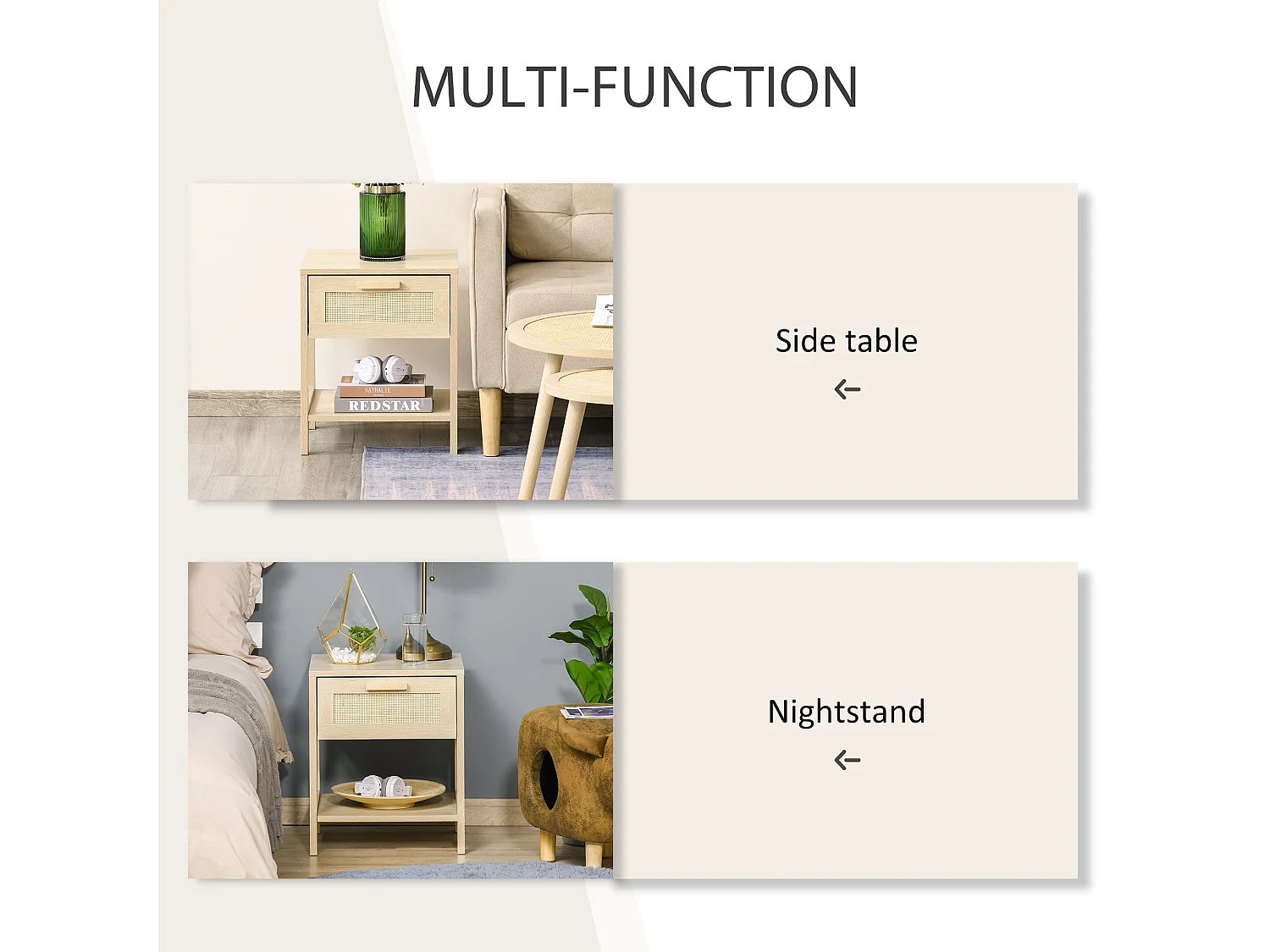 Tafa Natural Wood Bedside Table Rattan Style Drawer Open Shelf