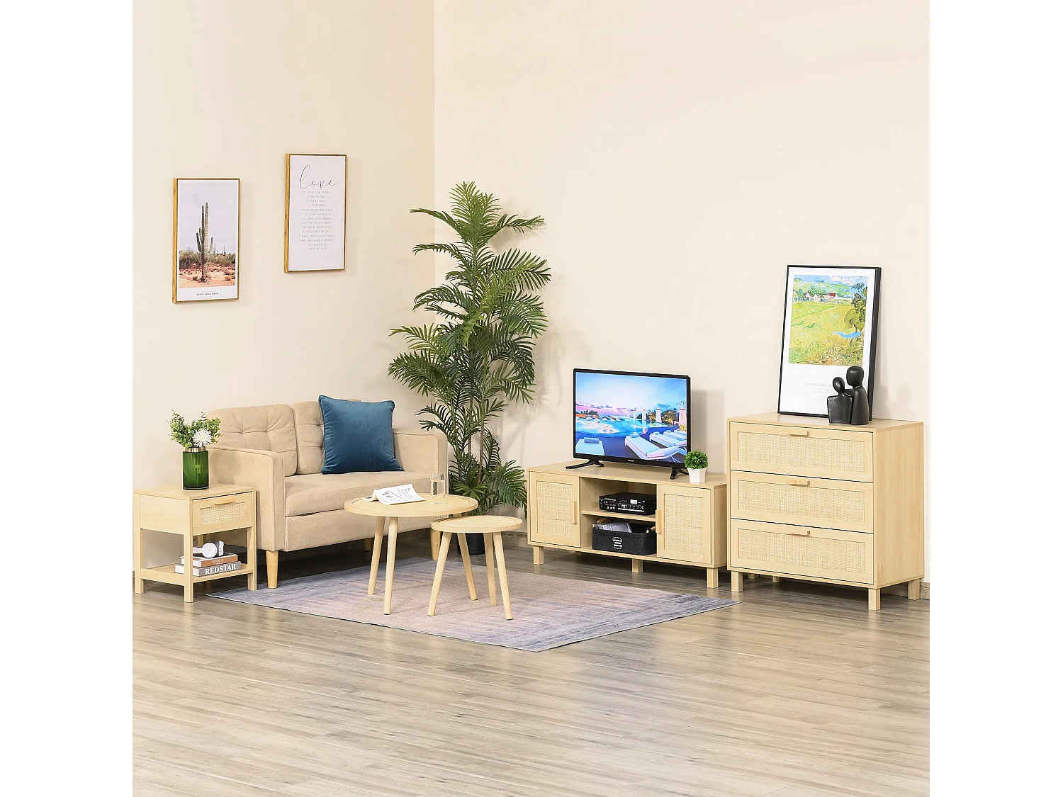 Tafa Natural Wood Bedside Table Rattan Style Drawer Open Shelf