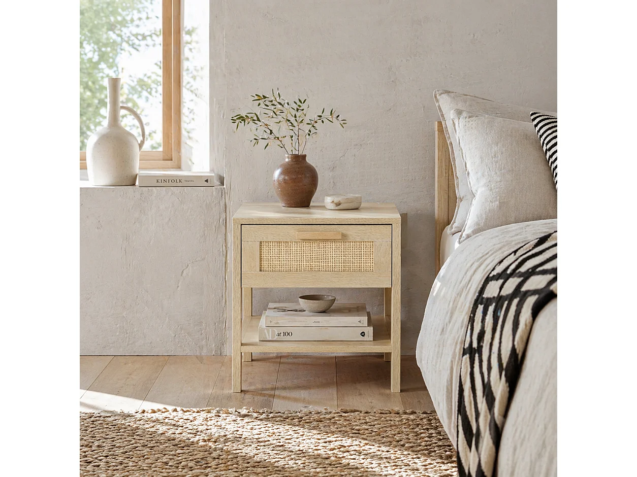 Tafa Natural Wood Bedside Table Rattan Style Drawer Open Shelf