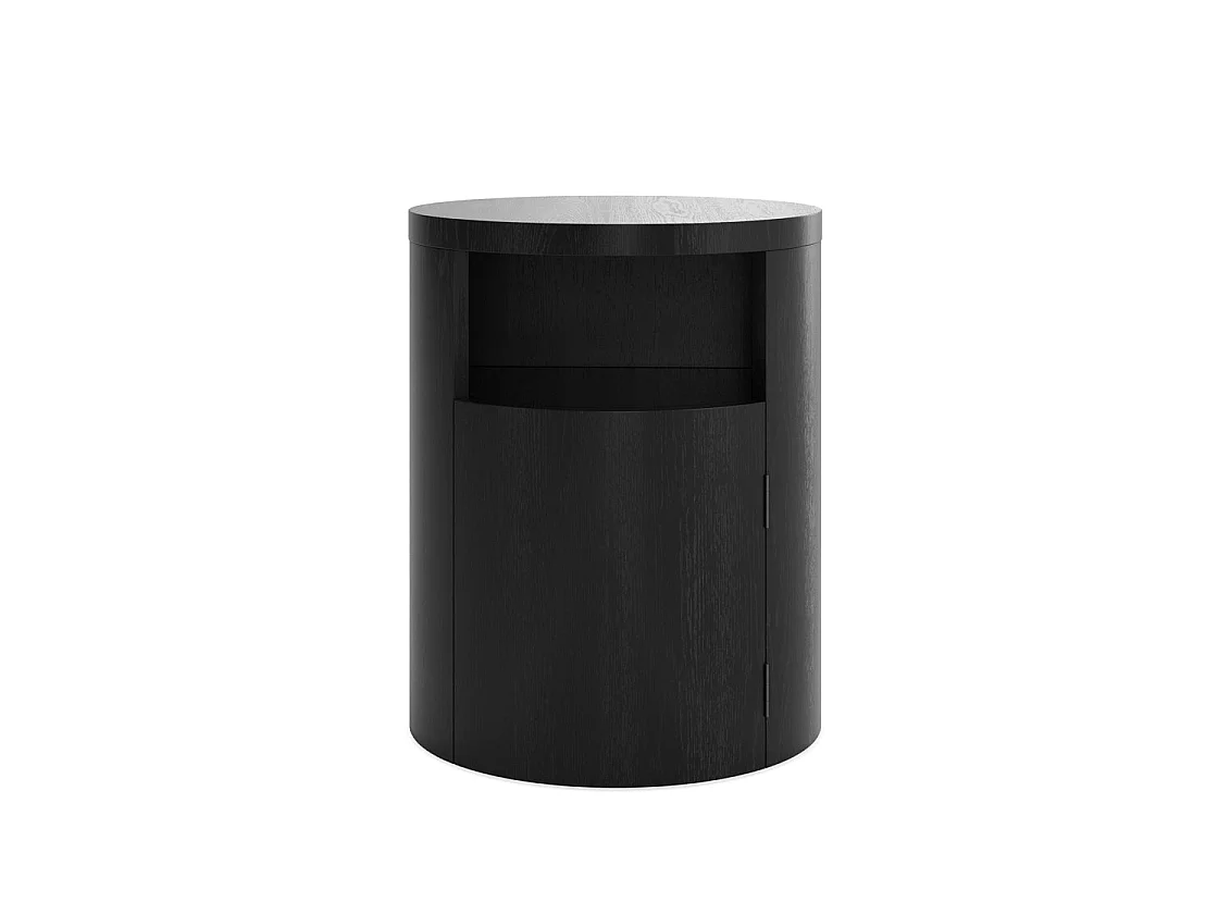 Yori Round Bedside Cabinet Matt Black Wood Grain 1 Door with Open Shelf