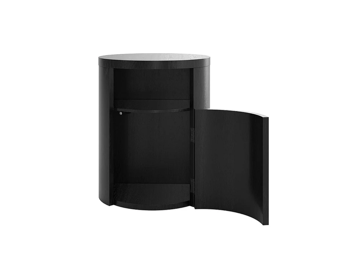 Yori Round Bedside Cabinet Matt Black Wood Grain 1 Door with Open Shelf