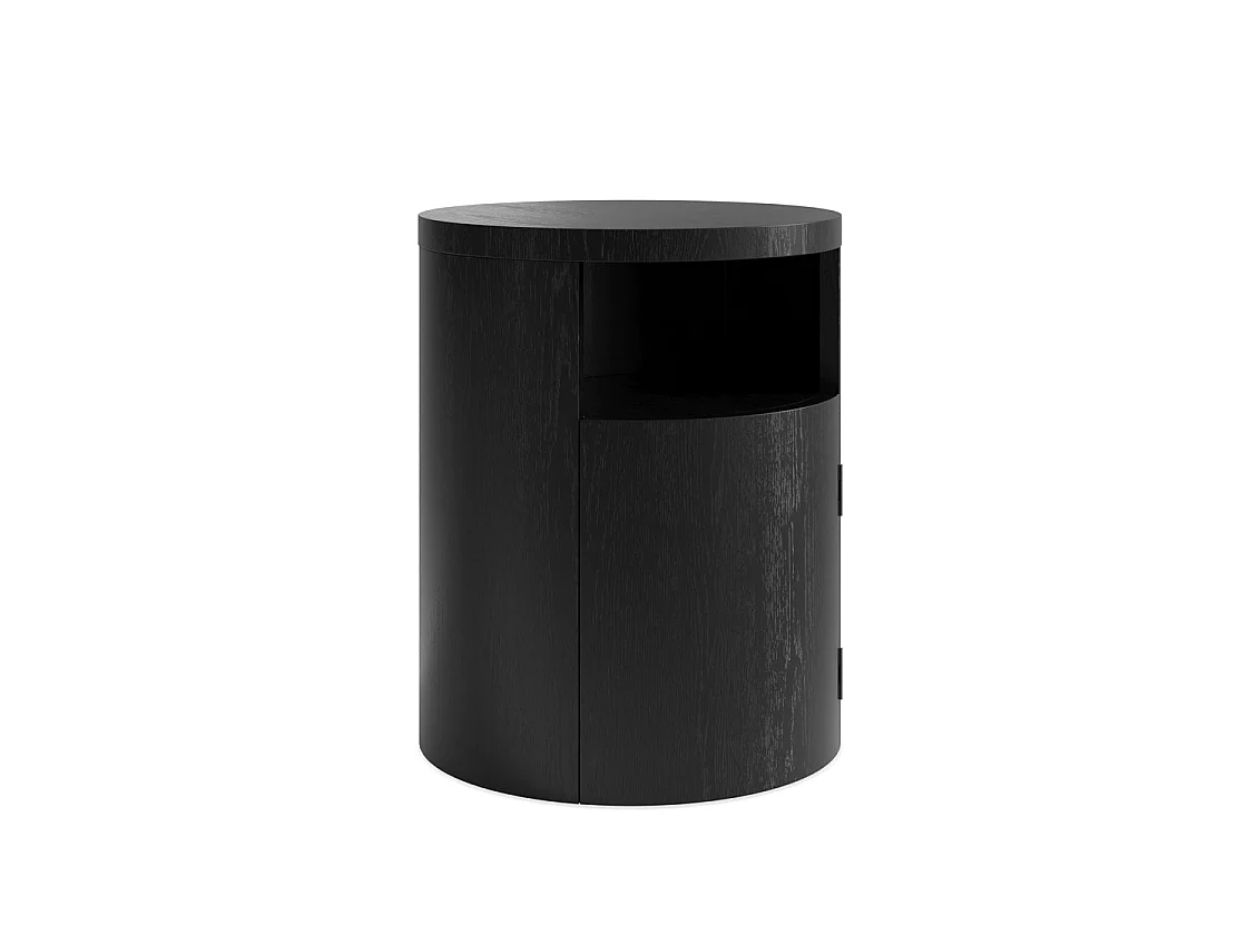 Yori Round Bedside Cabinet Matt Black Wood Grain 1 Door with Open Shelf