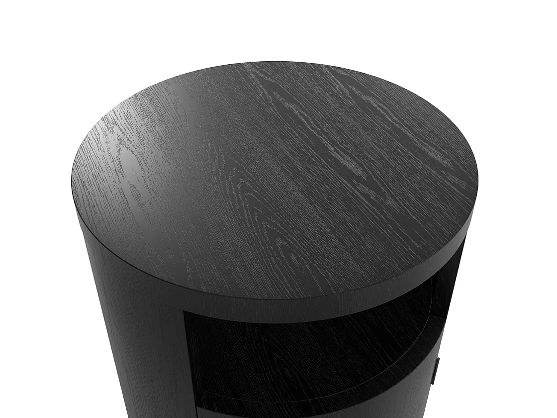 Yori Round Bedside Cabinet Matt Black Wood Grain 1 Door with Open Shelf