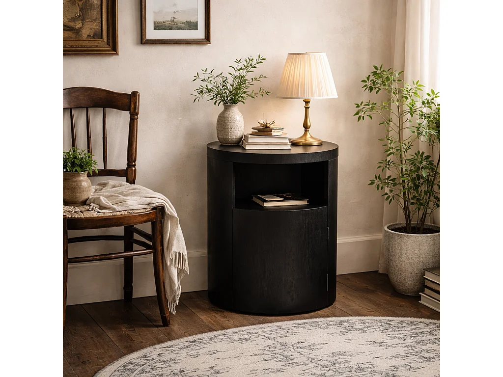 Yori Round Bedside Cabinet Matt Black Wood Grain 1 Door with Open Shelf
