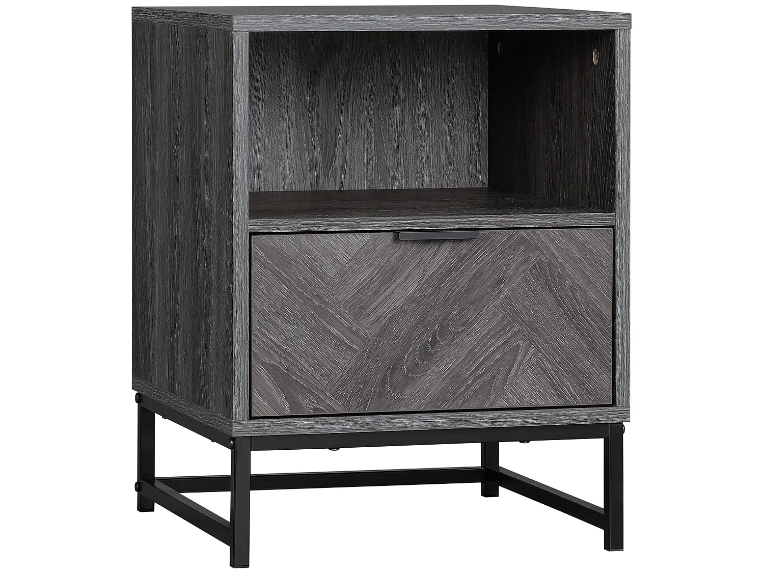 Fari Dark Grey Bedside Table with Drawer and Open Shelf Steel Legs