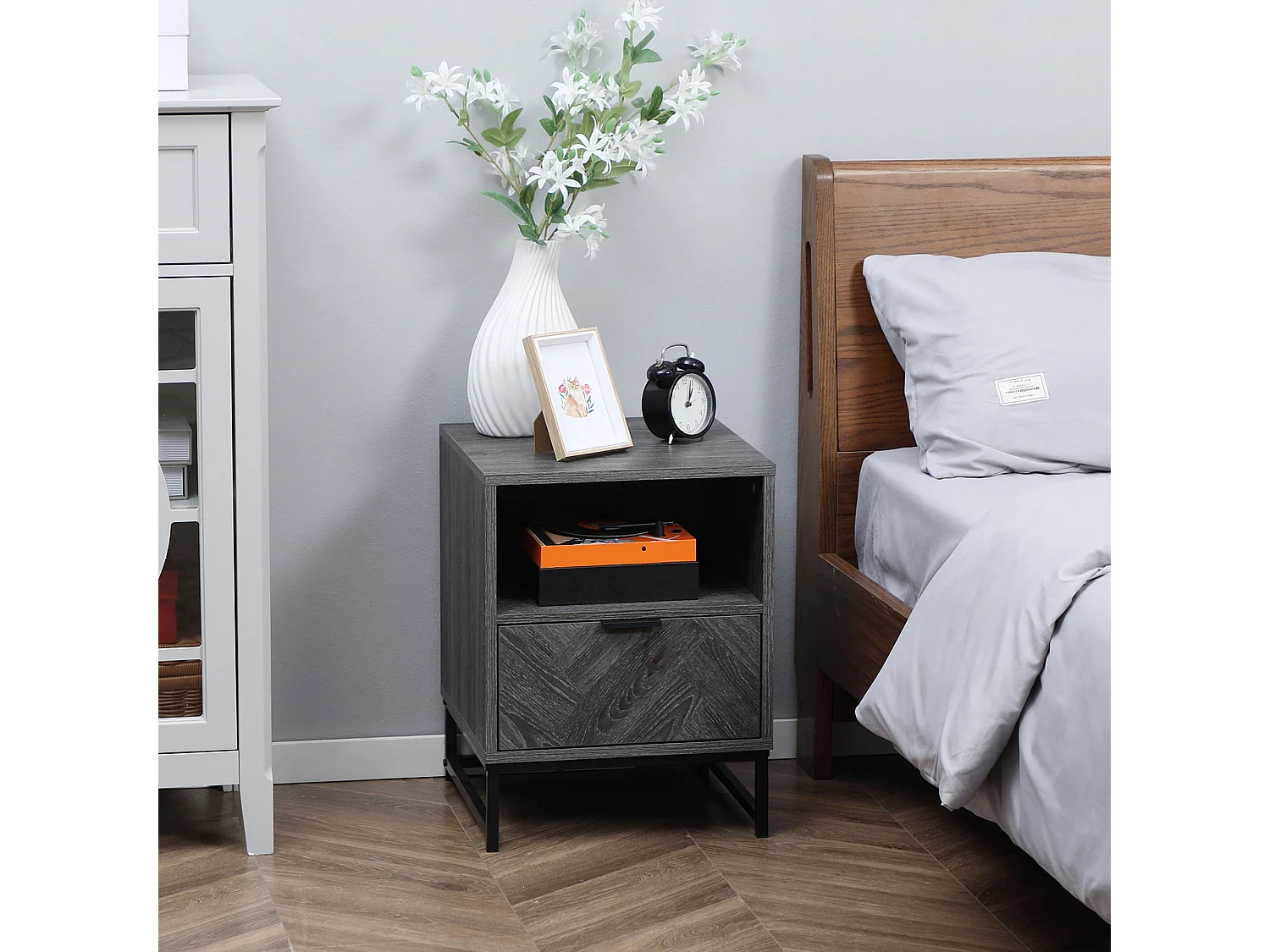 Fari Dark Grey Bedside Table with Drawer and Open Shelf Steel Legs