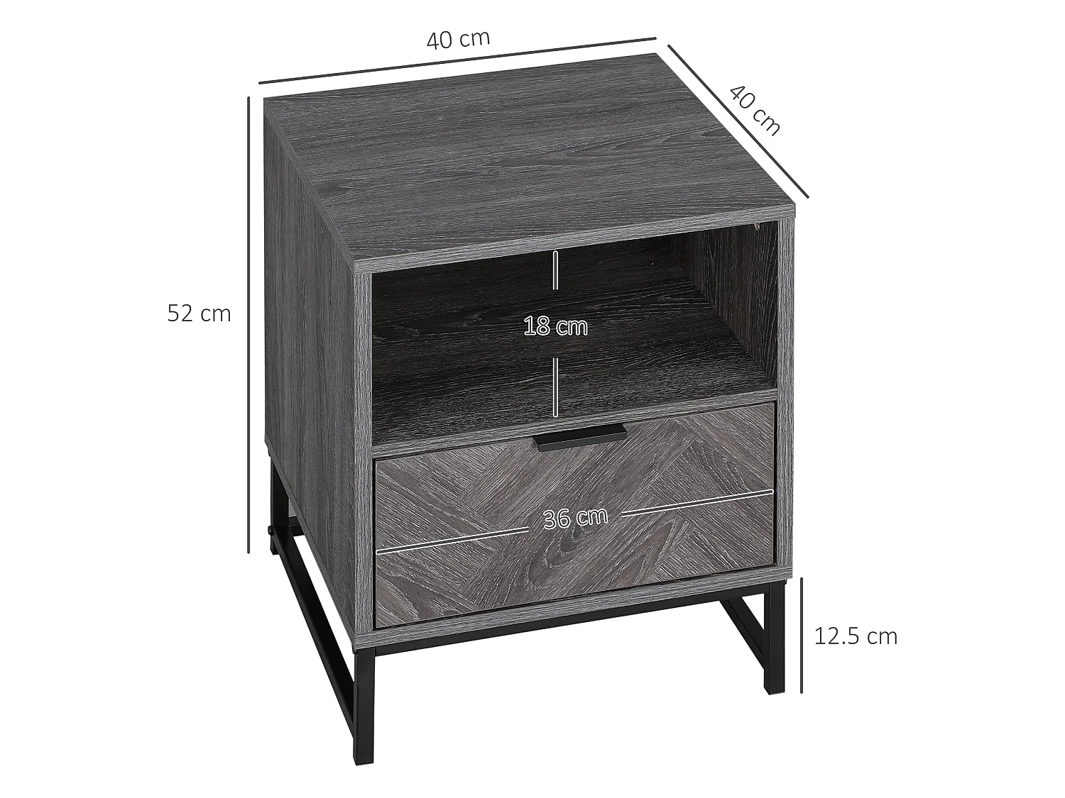 Fari Dark Grey Bedside Table with Drawer and Open Shelf Steel Legs