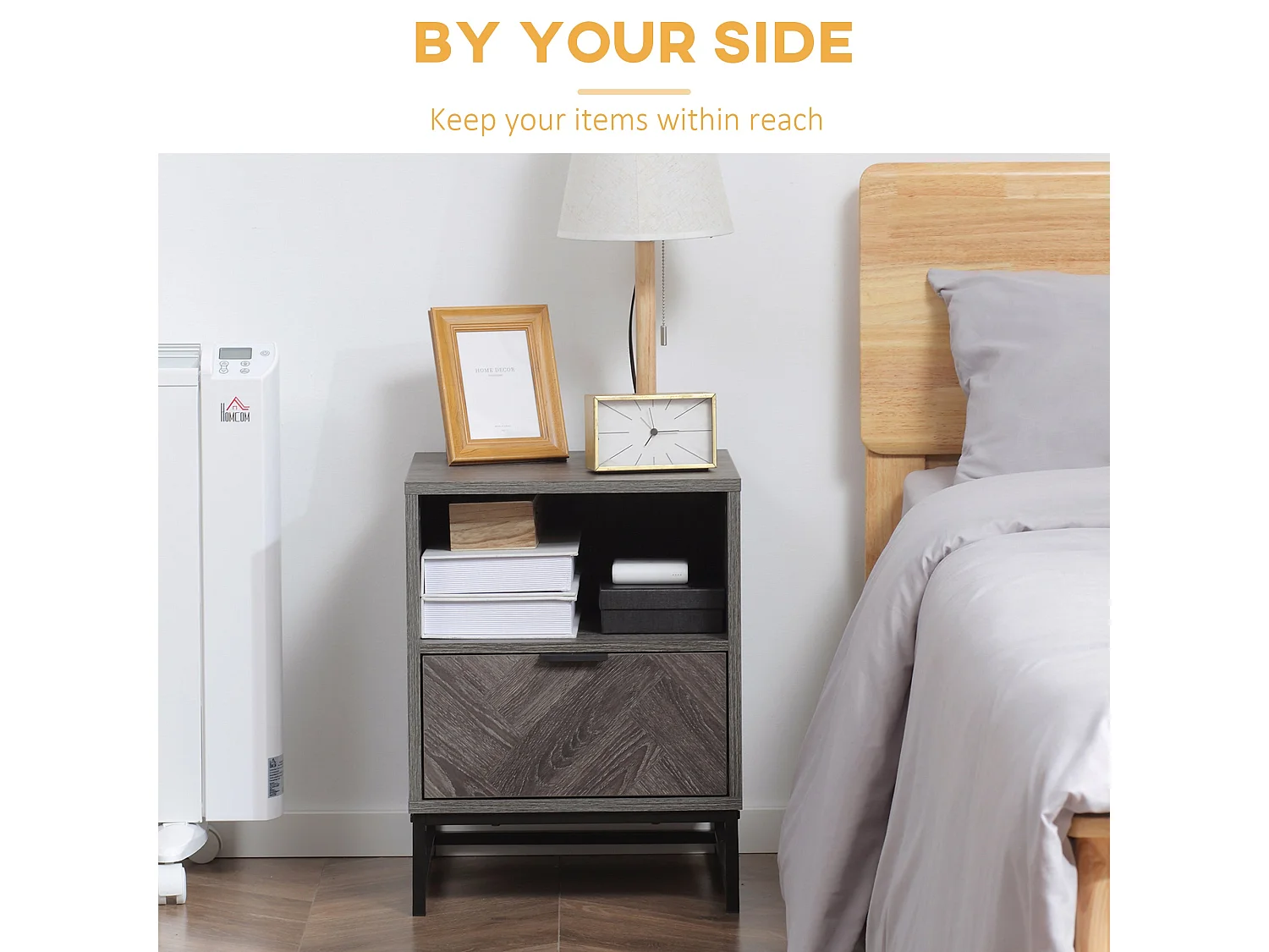 Fari Dark Grey Bedside Table with Drawer and Open Shelf Steel Legs
