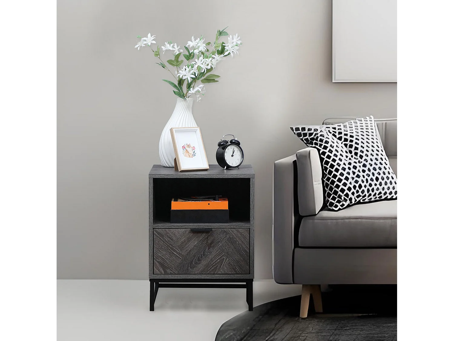 Fari Dark Grey Bedside Table with Drawer and Open Shelf Steel Legs
