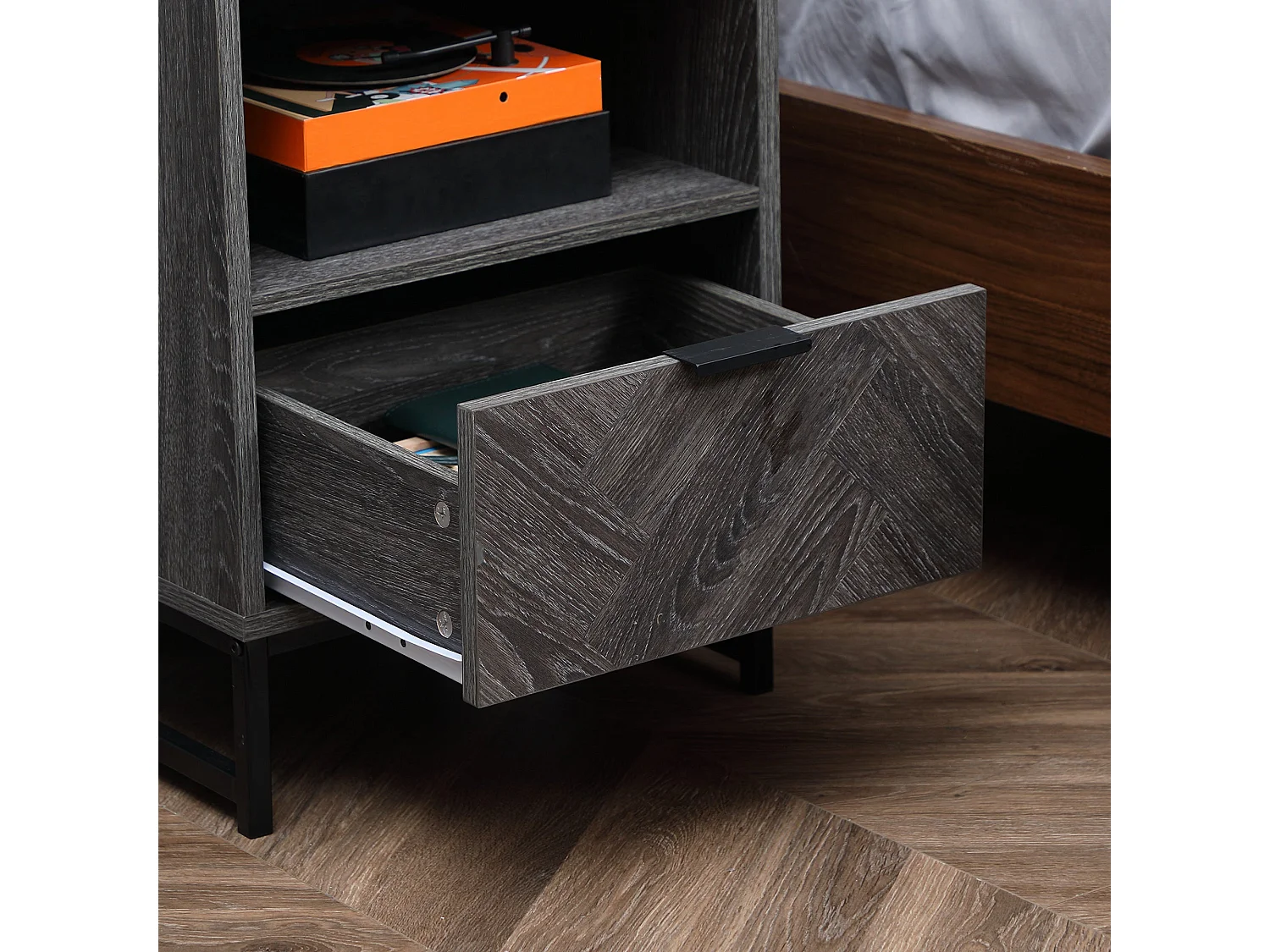 Fari Dark Grey Bedside Table with Drawer and Open Shelf Steel Legs