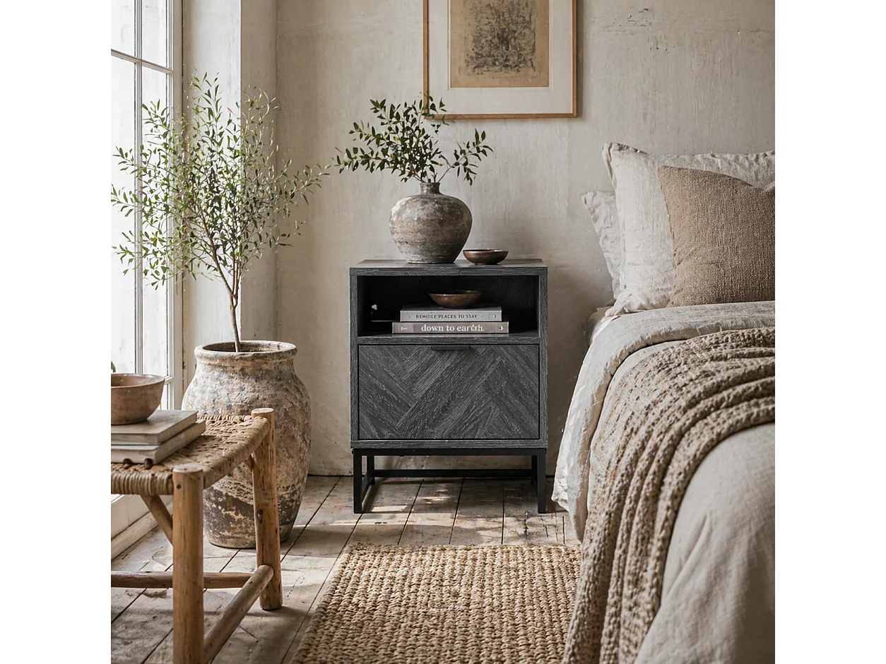 Fari Dark Grey Bedside Table with Drawer and Open Shelf Steel Legs