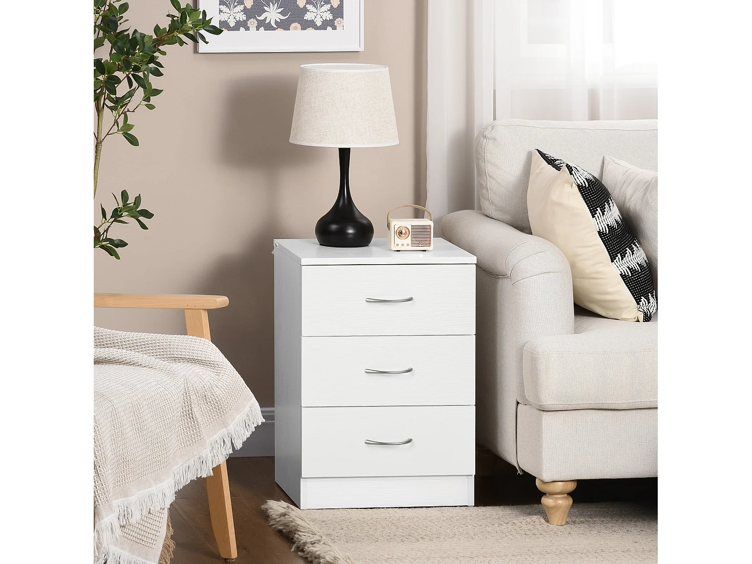 Yotose White 3 Drawer Bedside Table with Silver Metal Handles