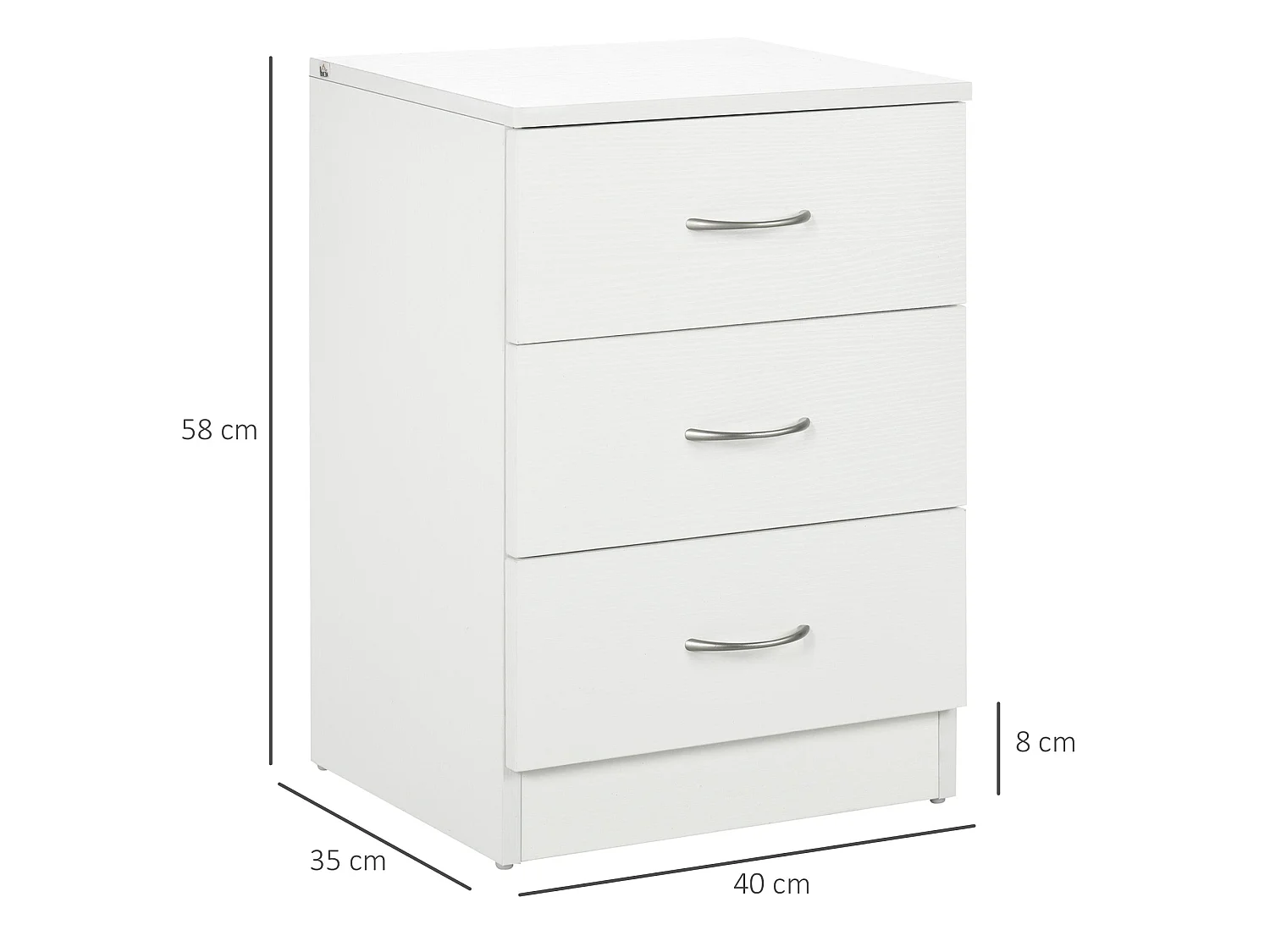 Yotose White 3 Drawer Bedside Table with Silver Metal Handles